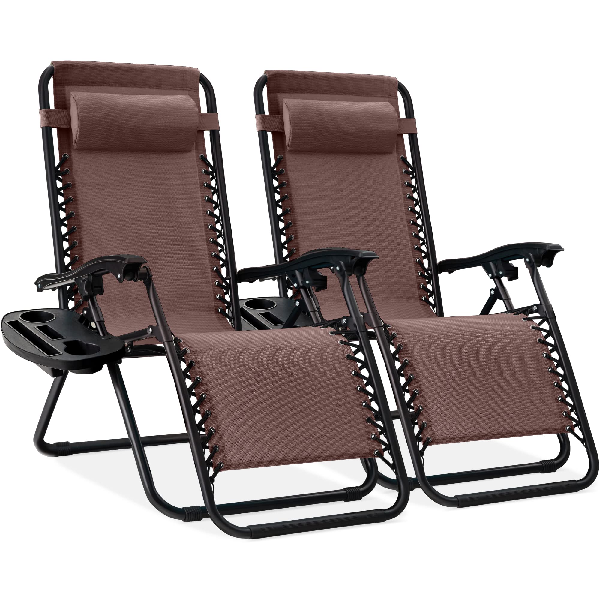 Best Choice Products Set of 2 Adjustable Steel Mesh Zero Gravity Lounge Chair Recliners w/Pillows and Cup Holder Trays - Black