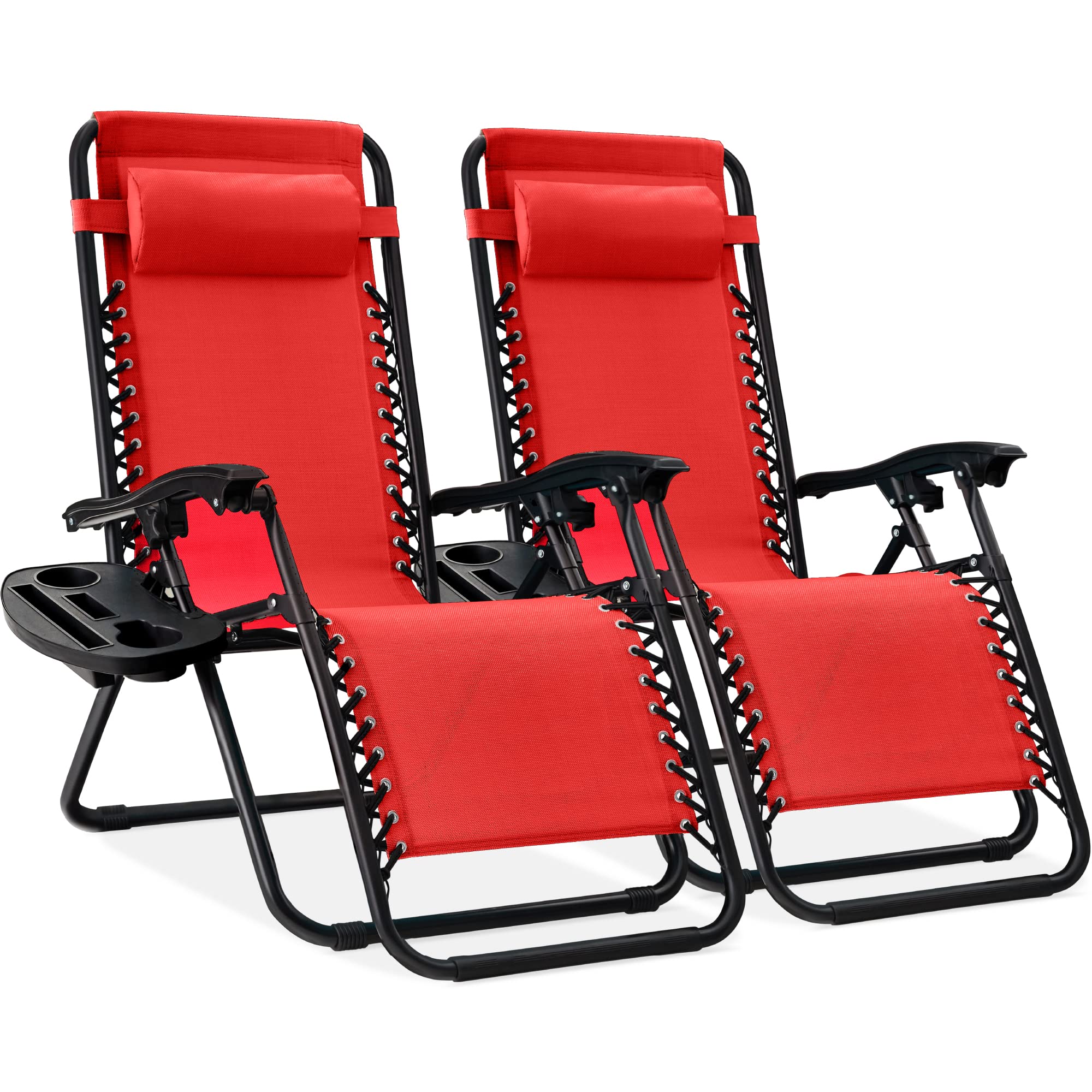 Best Choice Products Set of 2 Adjustable Steel Mesh Zero Gravity Lounge Chair Recliners w/Pillows and Cup Holder Trays - Gray