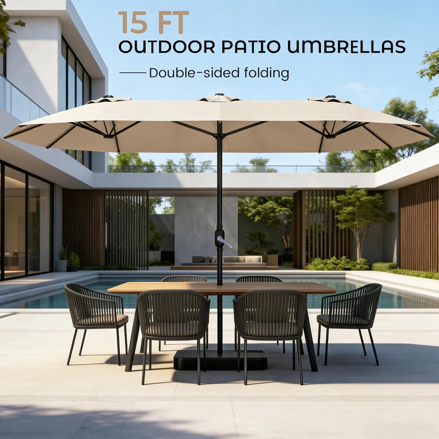 DomeShade 15ft Patio Umbrella with Base,Large Outdoor Double-Sided Rectangle Umbrella with Crank Handle, Market Umbrella for Poolside Garden Deck Backyard Beach Pools, Beige