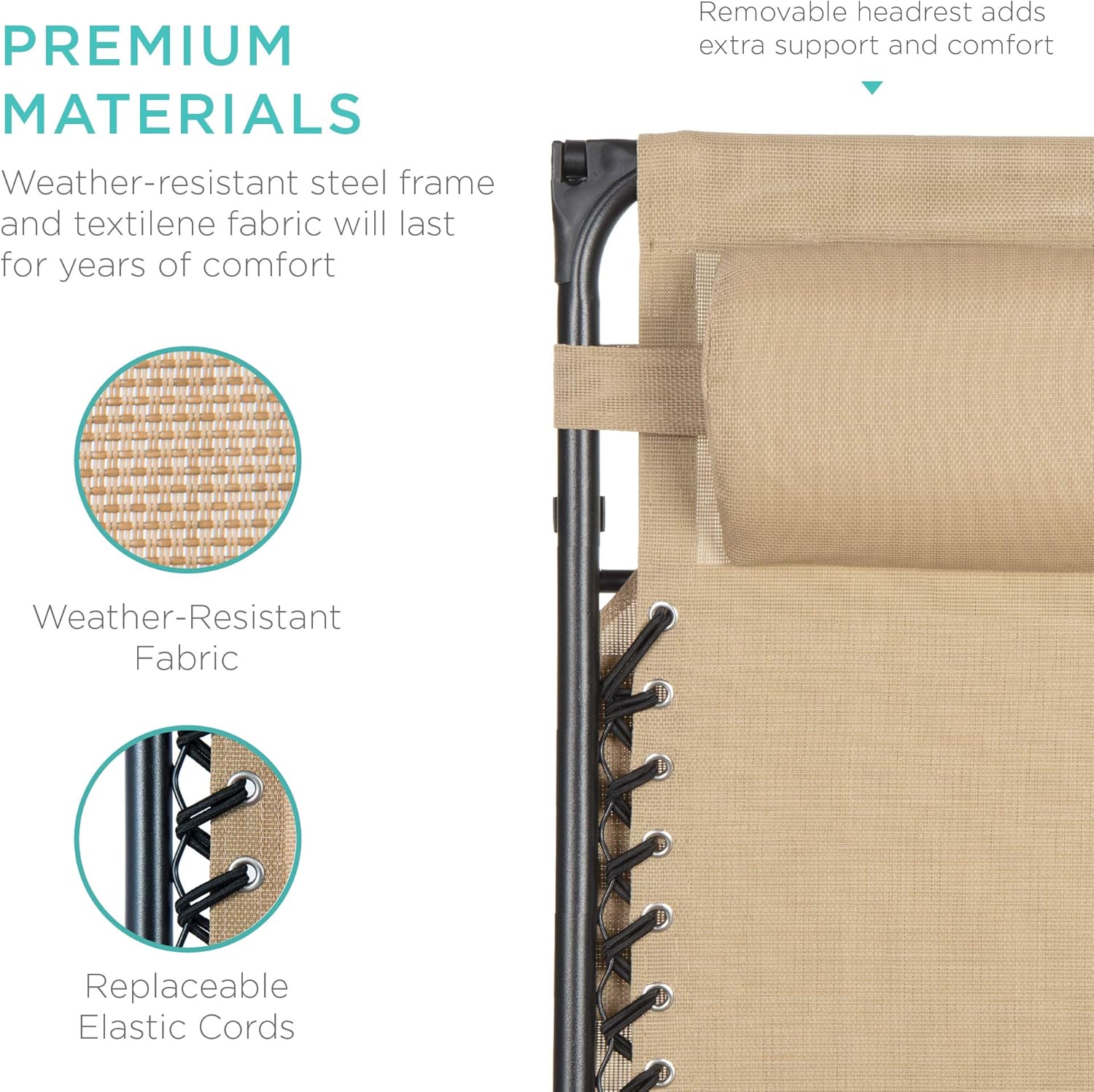 Best Choice Products Folding Zero Gravity Outdoor Recliner Patio Lounge Chair w/Adjustable Canopy Shade, Headrest, Side Accessory Tray, Textilene Mesh - Beige