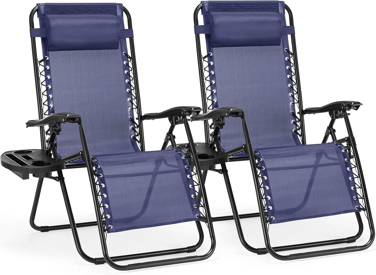 NEWBULIG Zero Gravity Chair Set of 2, Lounge Chair Folding Portable Adjustable Camping Reclining Chairs with Adjustable Pollow, Mesh Back, Cup Holder Trays Lawn Patio Chair for Pool Beach - Blue