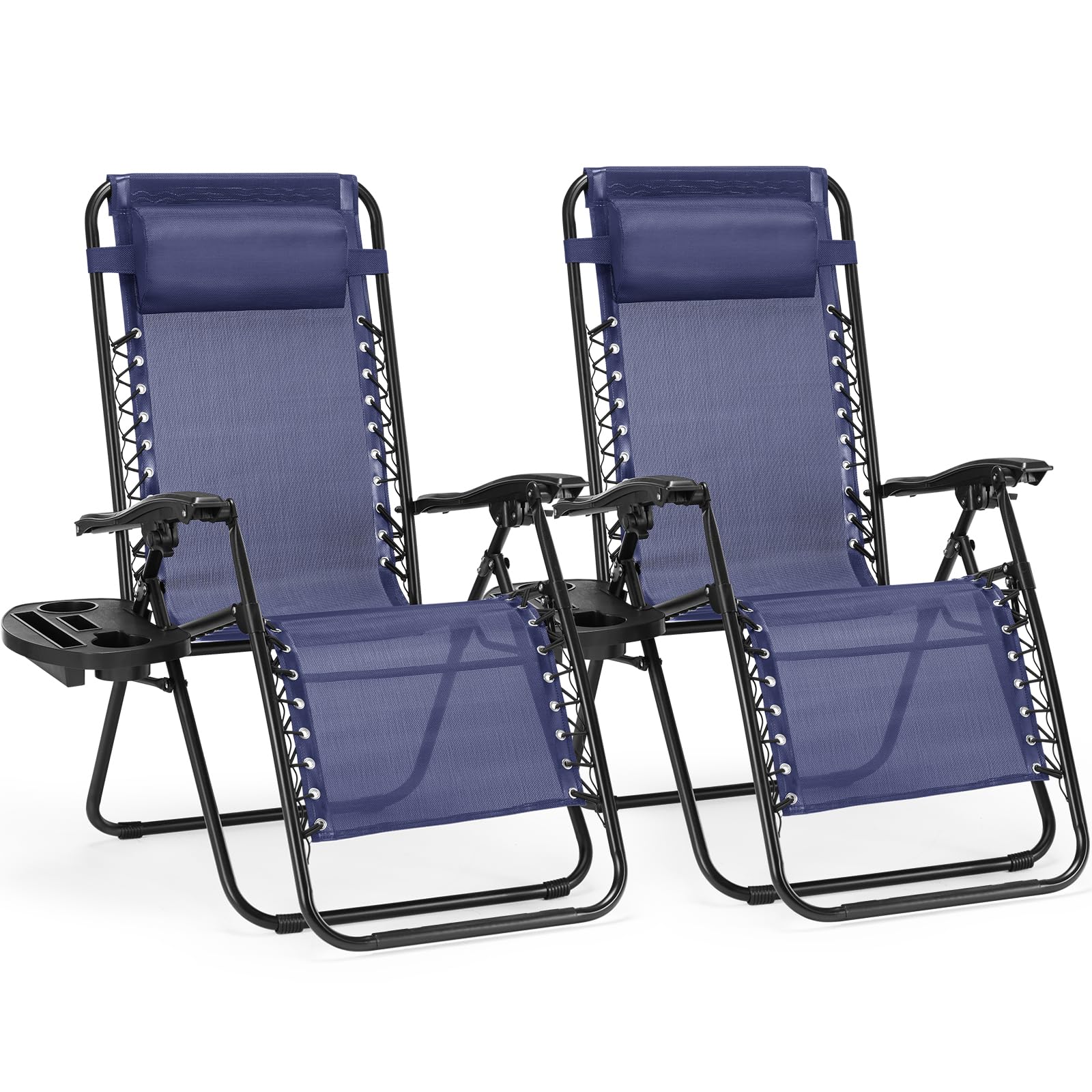 NEWBULIG Zero Gravity Chair Set of 2, Lounge Chair Folding Portable Adjustable Camping Reclining Chairs with Adjustable Pollow, Mesh Back, Cup Holder Trays Lawn Patio Chair for Pool Beach - Blue