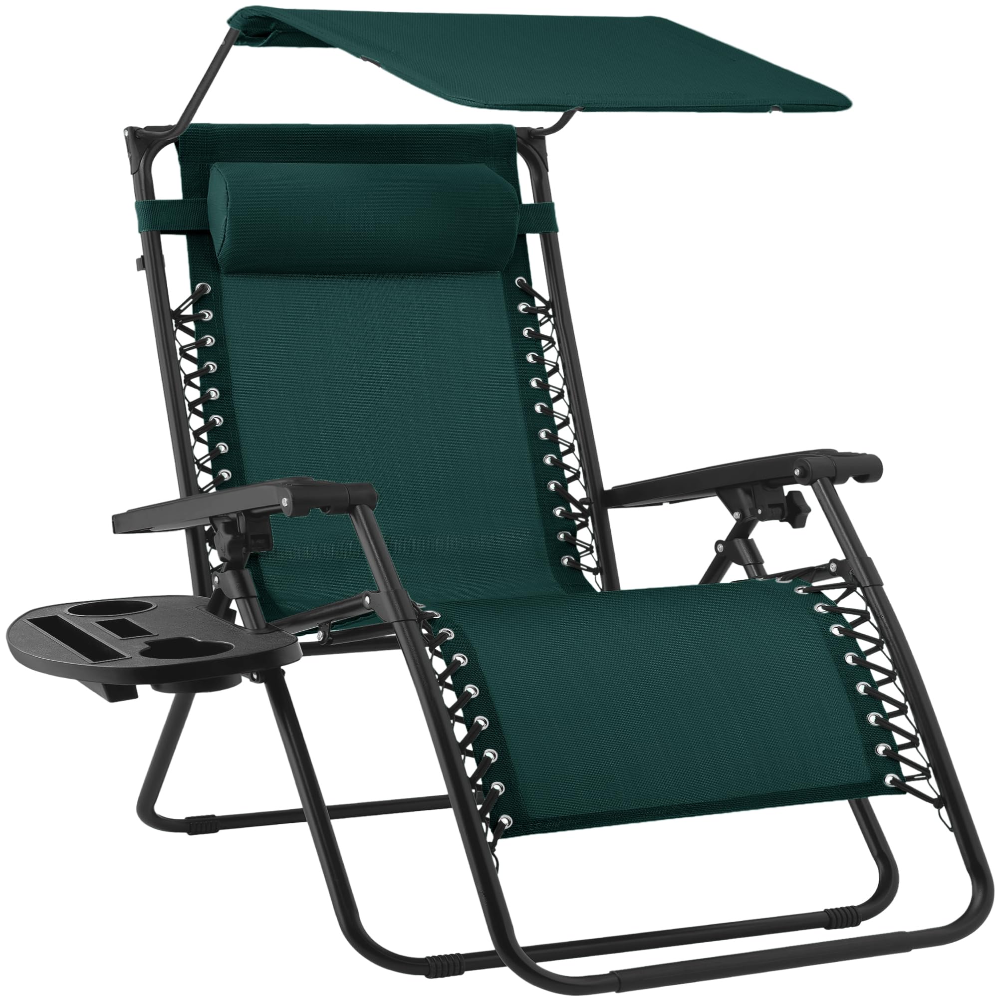 Best Choice Products Folding Zero Gravity Outdoor Recliner Patio Lounge Chair w/Adjustable Canopy Shade, Headrest, Side Accessory Tray, Textilene Mesh - Beige