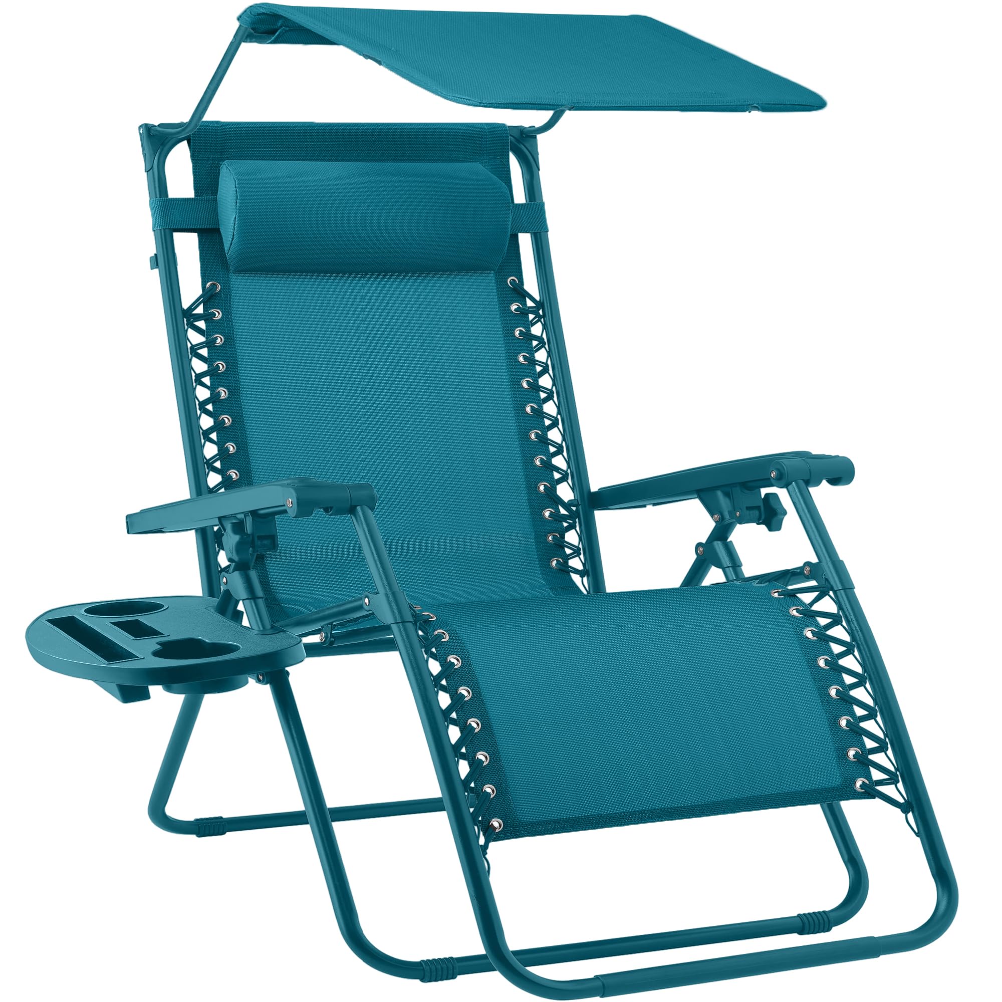 Best Choice Products Folding Zero Gravity Outdoor Recliner Patio Lounge Chair w/Adjustable Canopy Shade, Headrest, Side Accessory Tray, Textilene Mesh - Beige
