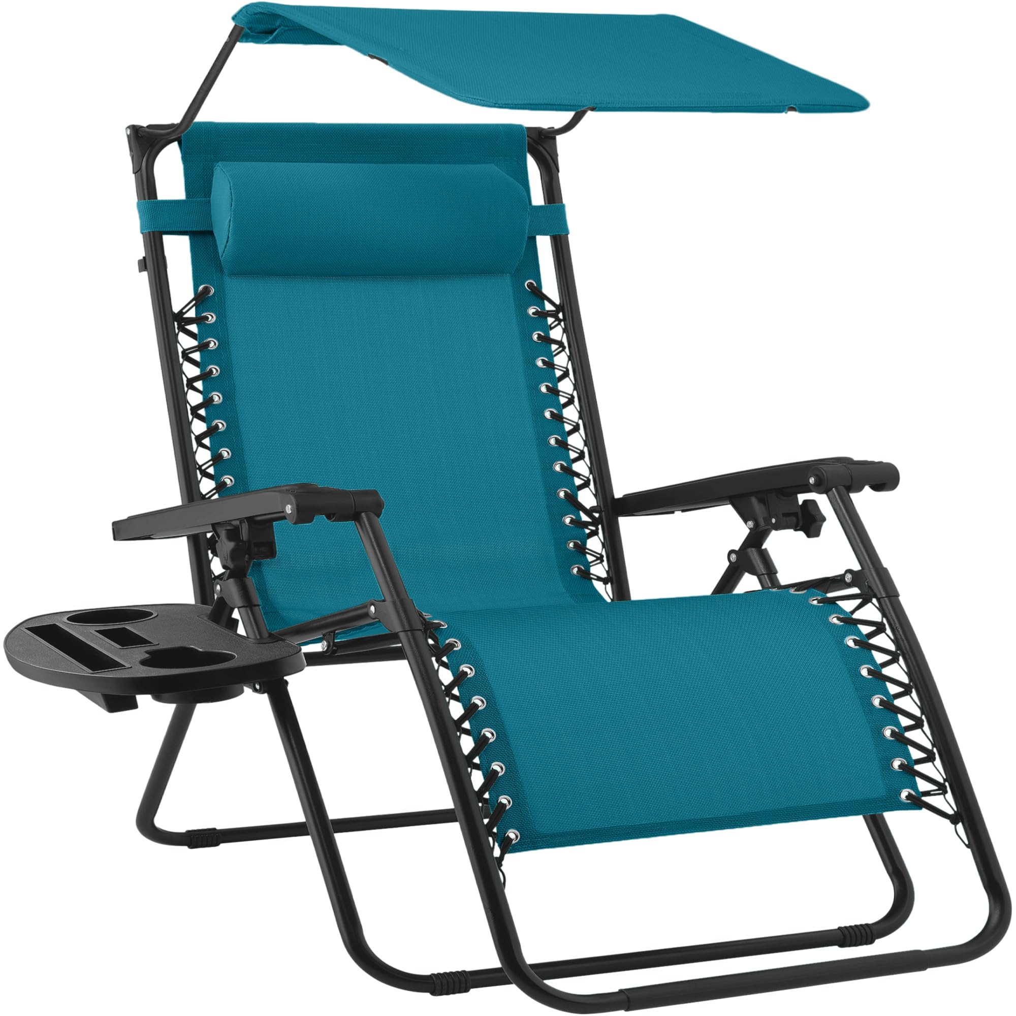 Best Choice Products Folding Zero Gravity Outdoor Recliner Patio Lounge Chair w/Adjustable Canopy Shade, Headrest, Side Accessory Tray, Textilene Mesh - Beige