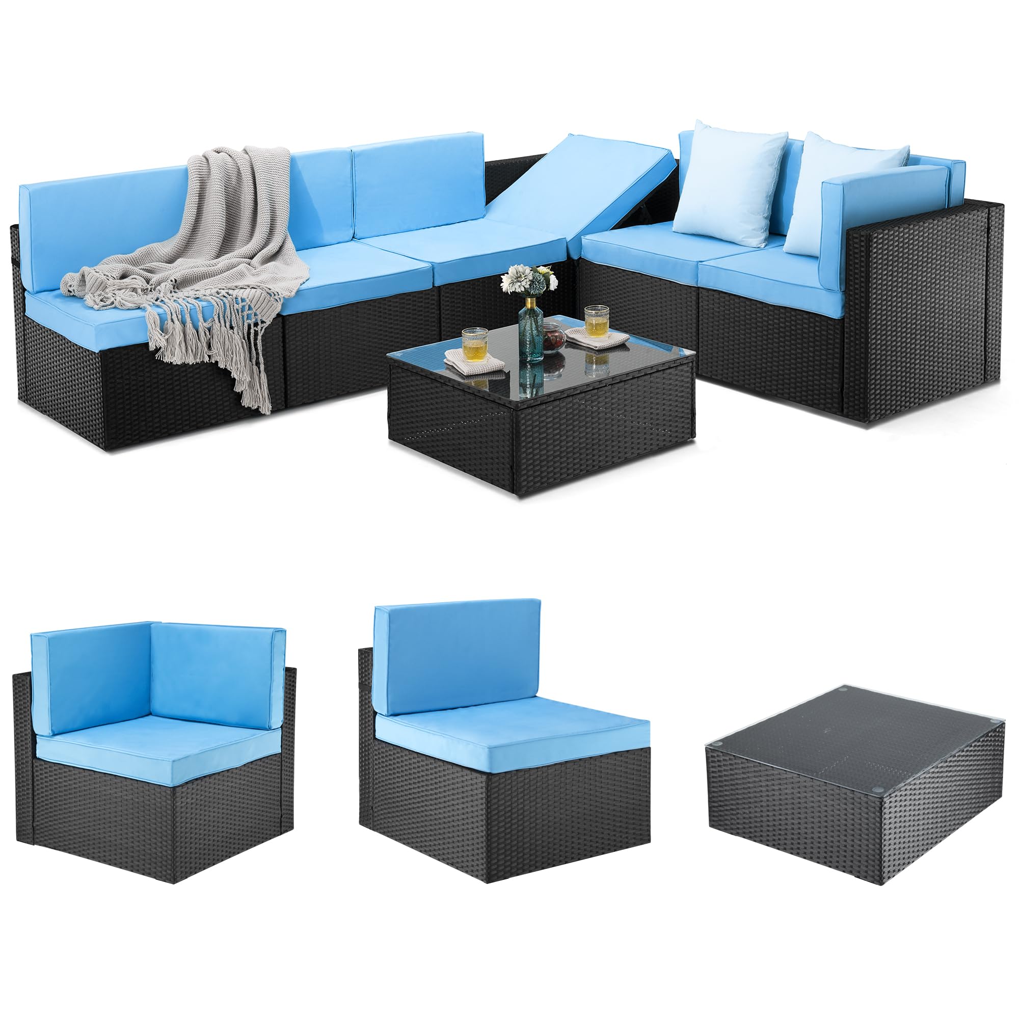 Pamapic 7-Piece Outdoor Sectional Furniture Set, All-Weather Wicker Patio Sofa with Washable Cushions, Gray Waterproof Rattan Conversation Set for Backyard, Poolside, Garden (Gray Cushions)