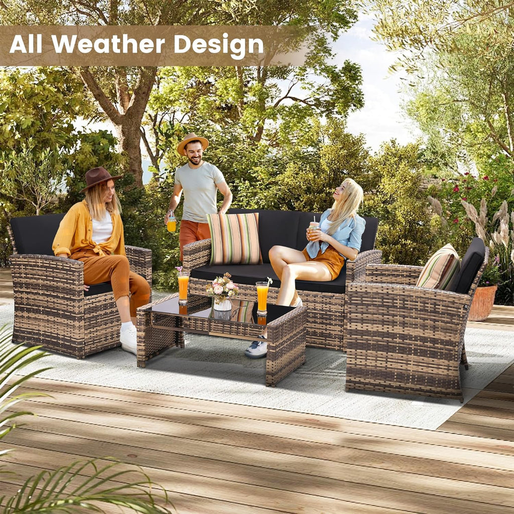 KROFEM 4-Piece Patio Furniture Set, Wicker Outdoor Rattan Sectional Sofa with Cushions and Glass Table, All-Weather Outdoor Conversation Set, Ideal for Garden, Porch, Backyard, Black