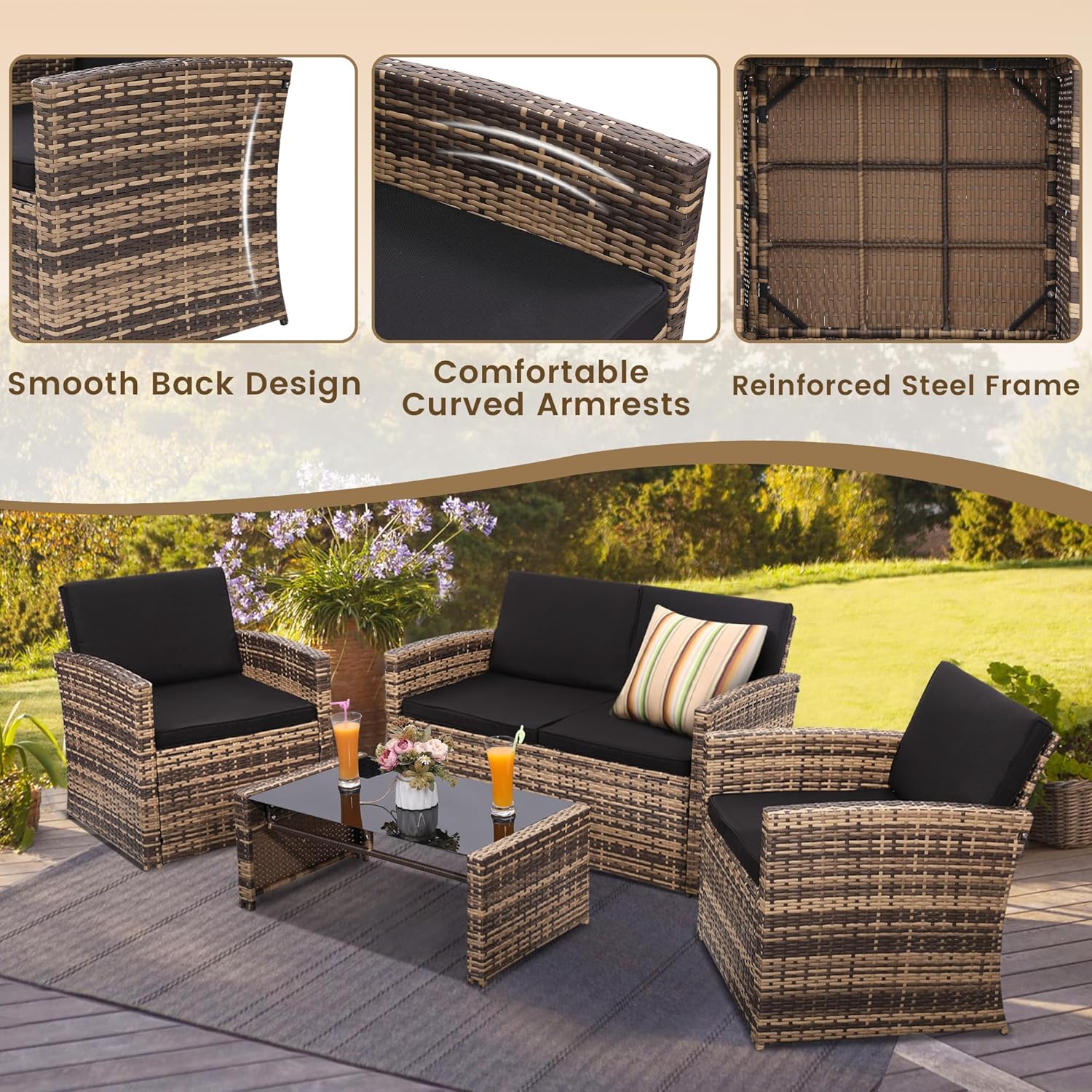 KROFEM 4-Piece Patio Furniture Set, Wicker Outdoor Rattan Sectional Sofa with Cushions and Glass Table, All-Weather Outdoor Conversation Set, Ideal for Garden, Porch, Backyard, Black