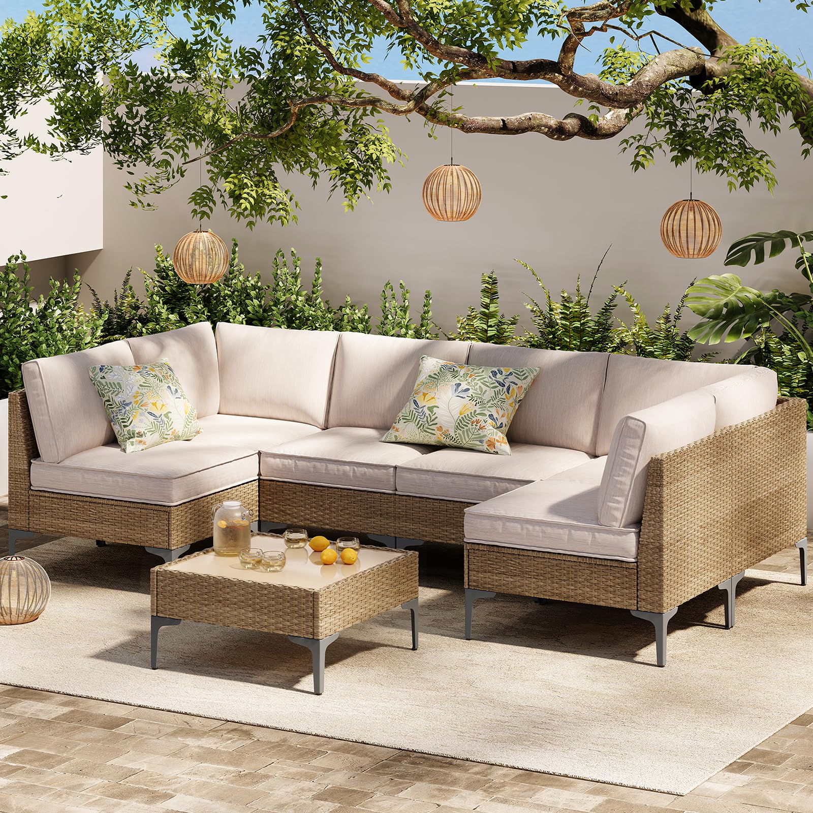 5-Piece Patio Furniture Set, Outdoor Wicker Sectional Sofa with Coffee Table, Anti-Slip & Thick All-Weather Cushions for Party, Garden, Backyard, Beige
