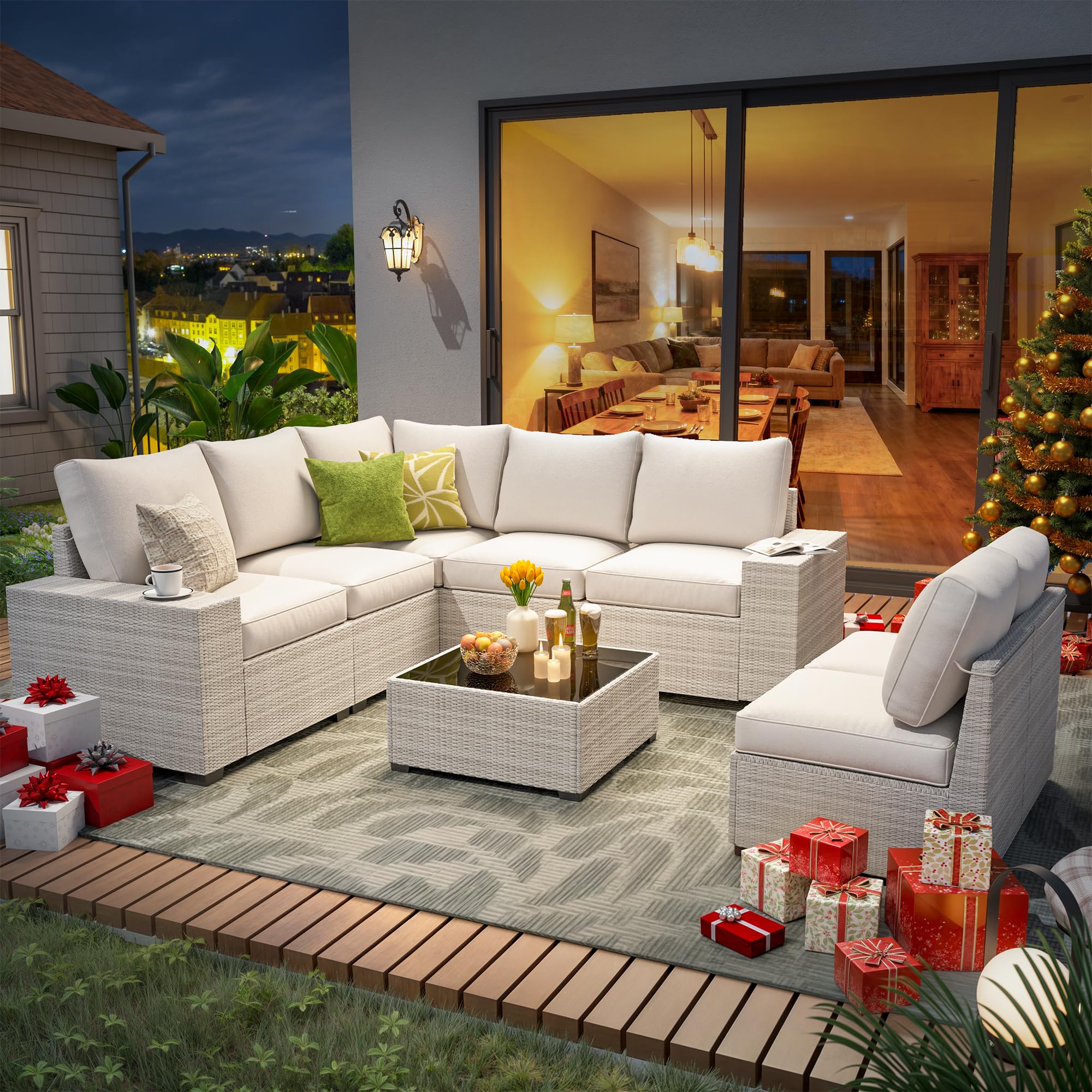 7 Piece Outdoor Patio Furniture Set, Outdoor Sectional Furniture, Rattan & Wicker Modern Modular Conversation Set Sectional Sofa W/Water Resistant Washable Thick Cushions and Coffee Table, Brown/Beige