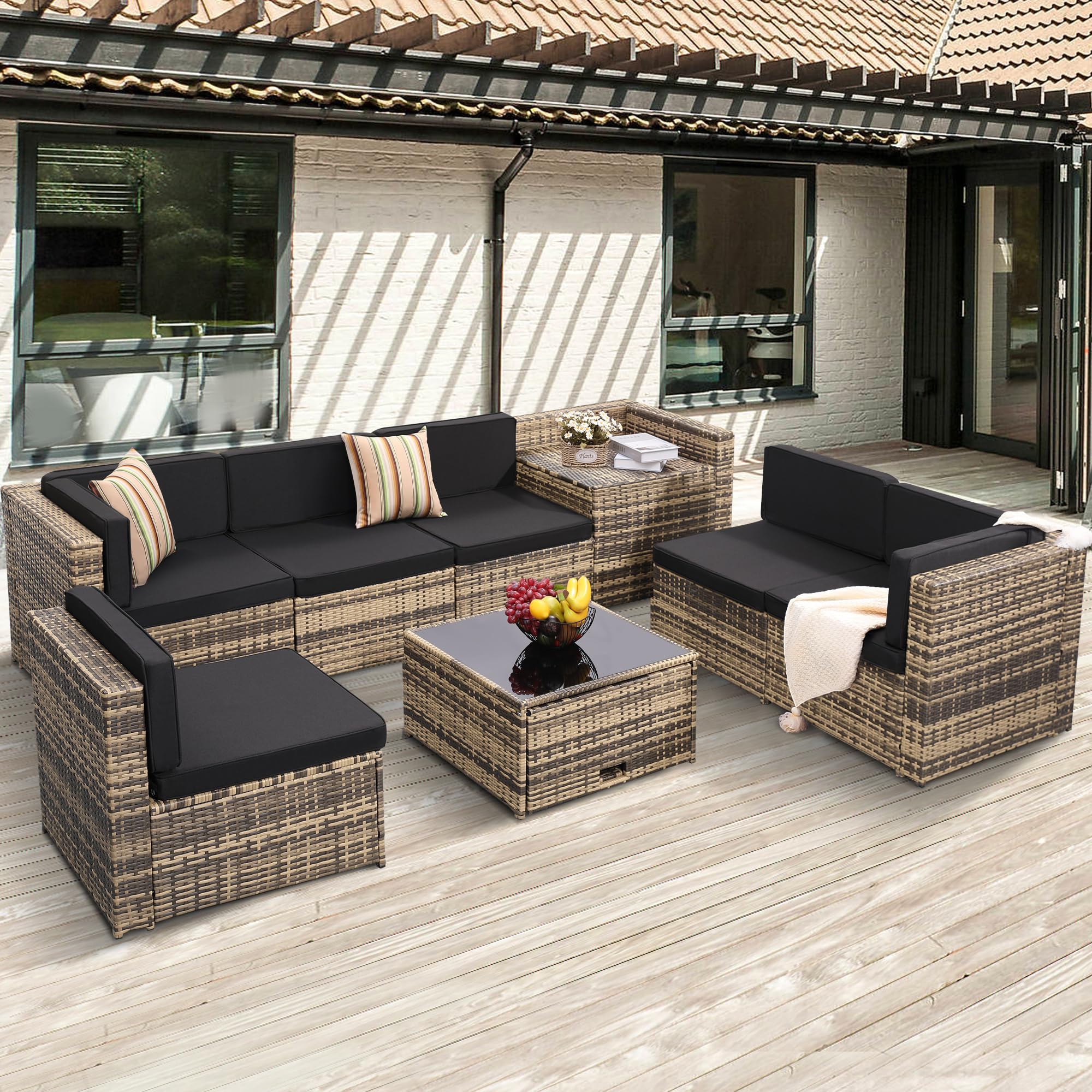 KROFEM 4-Piece Patio Furniture Set, Wicker Outdoor Rattan Sectional Sofa with Cushions and Glass Table, All-Weather Outdoor Conversation Set, Ideal for Garden, Porch, Backyard, Black