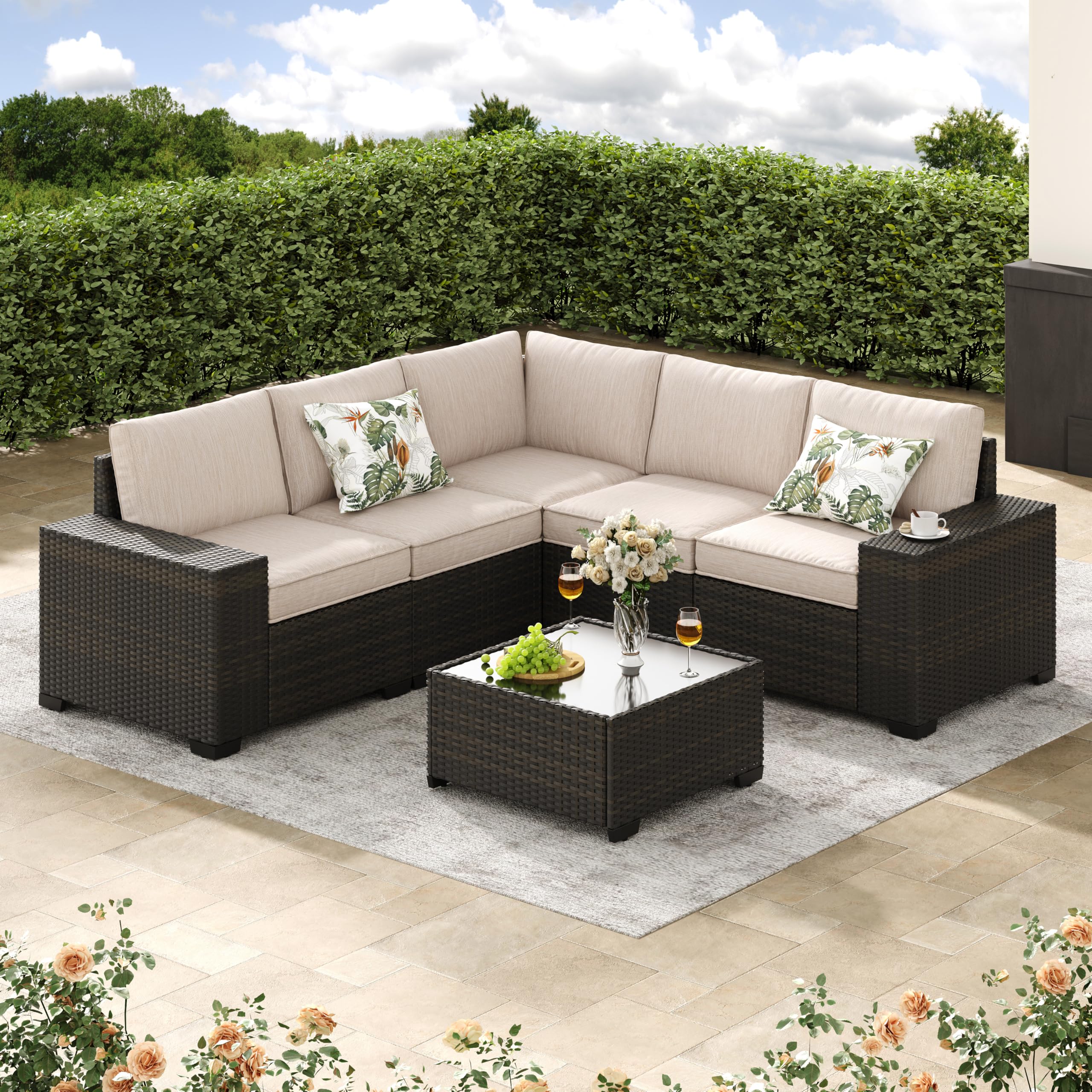 Jing's Villa 6-Piece Patio Furniture Set, All-Weather Outdoor Wicker Sectional Sofa with Cushions, Glass Table & Left and Right Armrest, Rattan Conversation Seating for Porch, Garden, Backyard,Beige