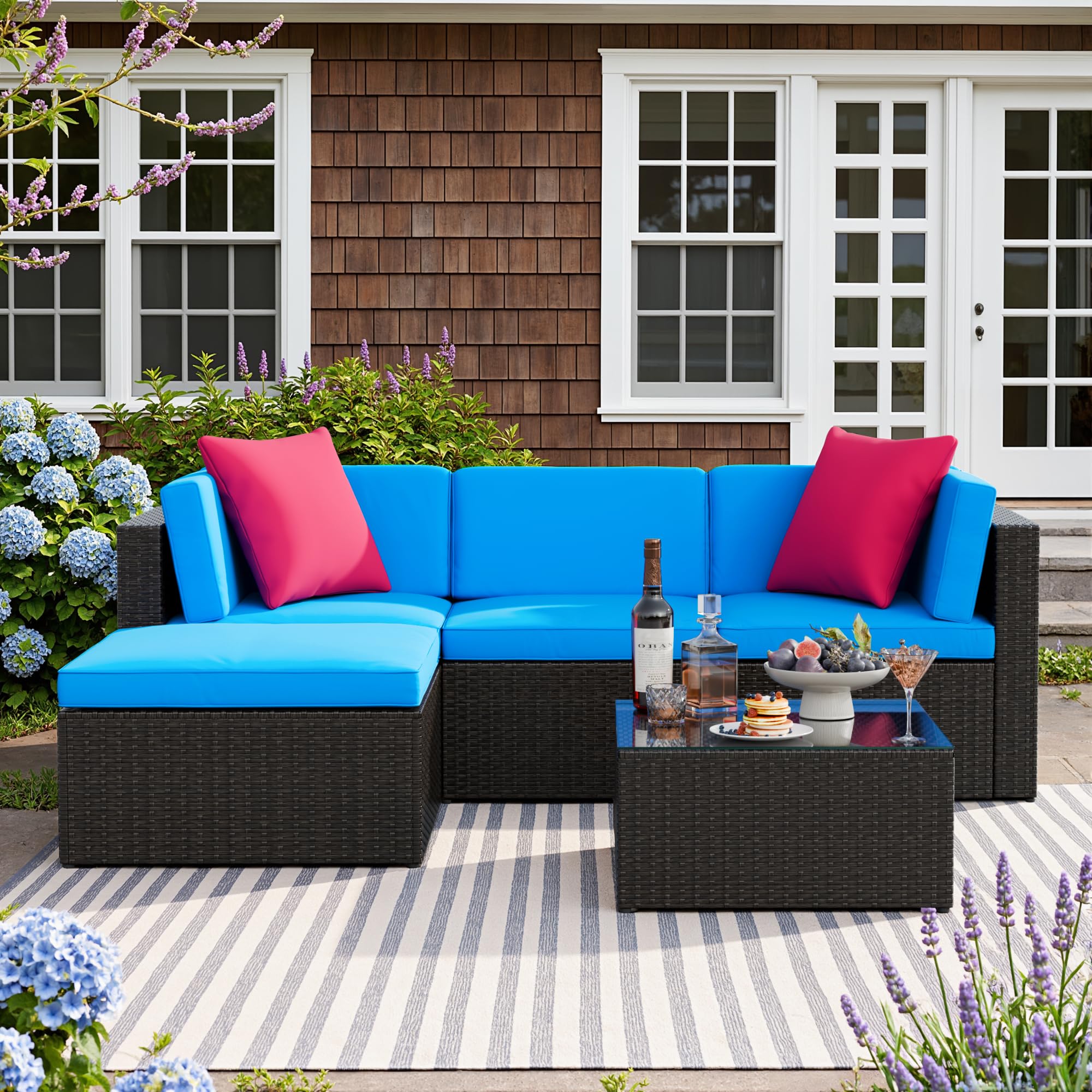Devoko 5 Pieces Patio Furniture Sets All Weather Outdoor Sectional Patio Sofa Manual Weaving Wicker Rattan Patio Seating Sofas with Cushion and Glass Table (Beige)