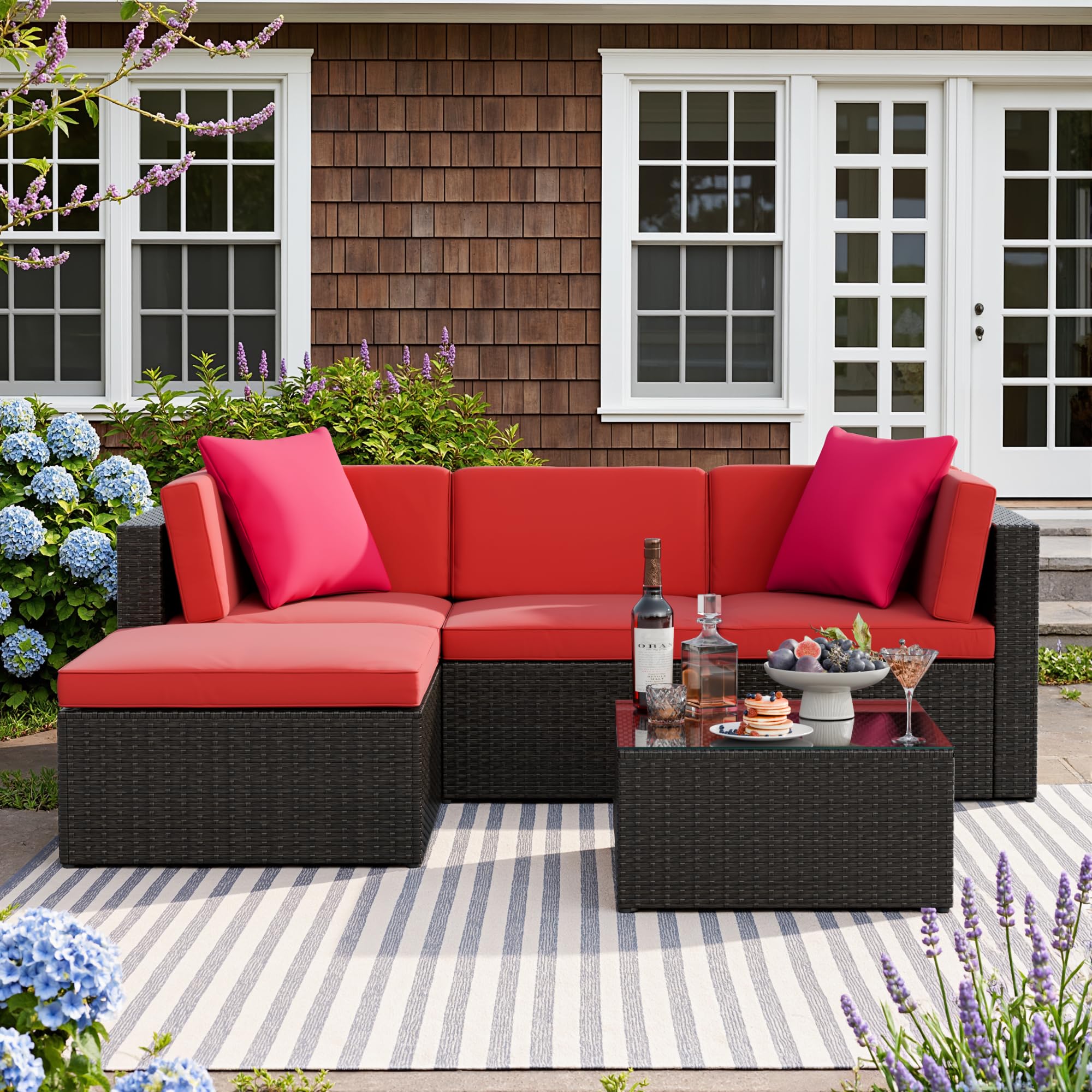 Devoko 5 Pieces Patio Furniture Sets All Weather Outdoor Sectional Patio Sofa Manual Weaving Wicker Rattan Patio Seating Sofas with Cushion and Glass Table (Beige)