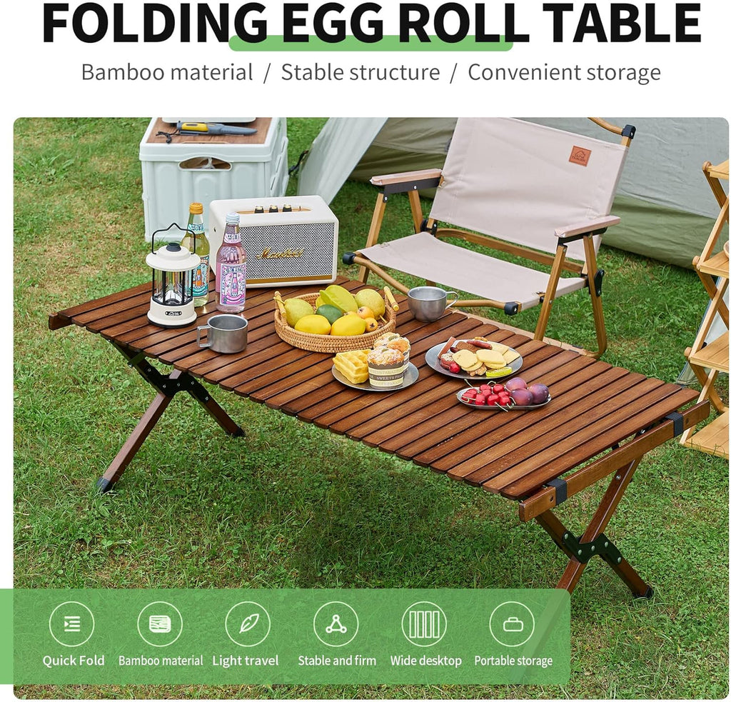 UNICOO –Bamboo Roll Up Picnic Table, Portable Camping Table W/Carry Bag, Low Height Foldable BBQ Top for Indoor & Outdoor Party, BBQ and Hiking (3 FT, Antique Brown)