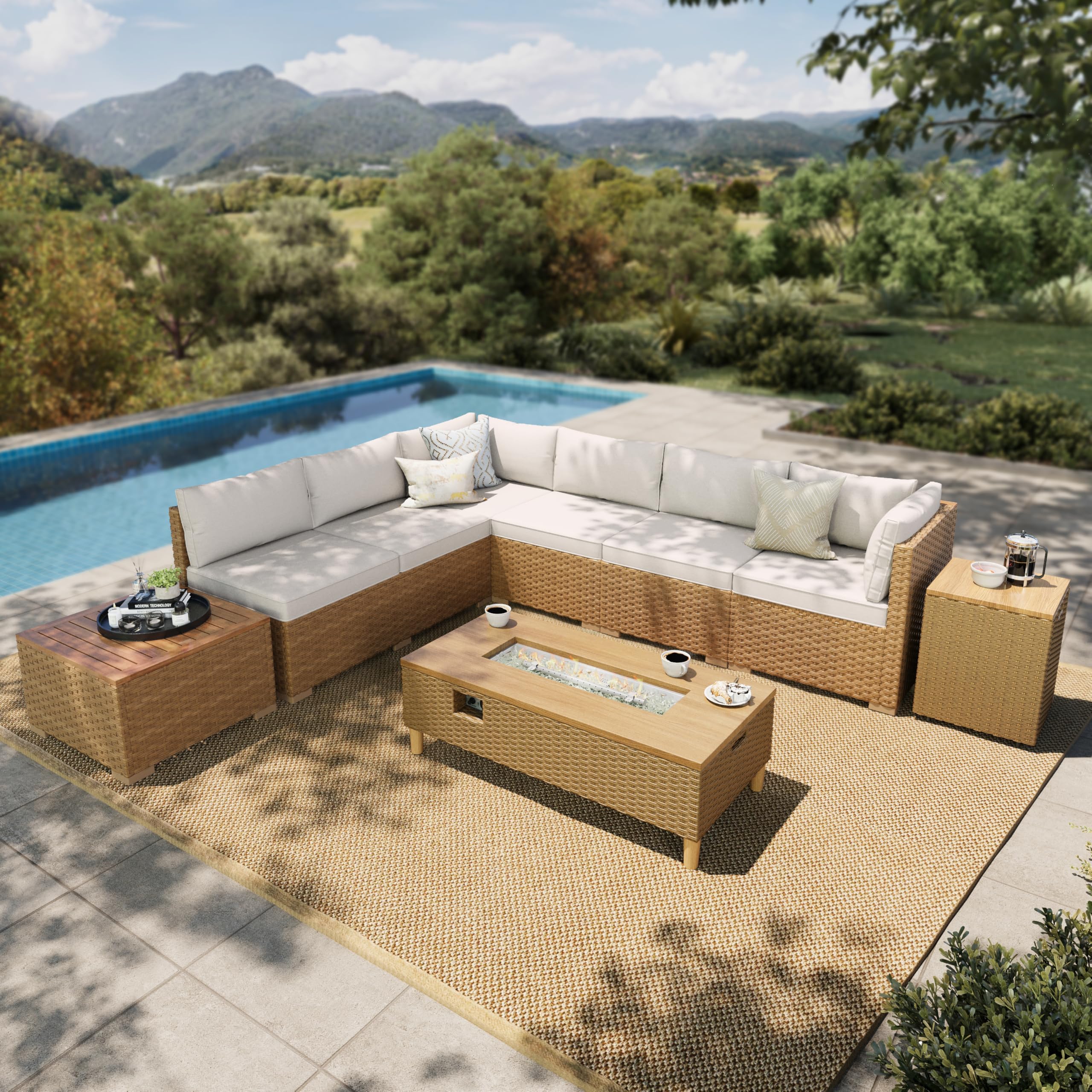 HERA'S HOUSE Small Patio Furniture Set, 3 Pieces Wicker Outdoor Sectional Sets,Yellow Rattan Conversation Set with Sofa and Coffee Table for Garden and Backyard, l Shape Boho Balcony Couch Sets