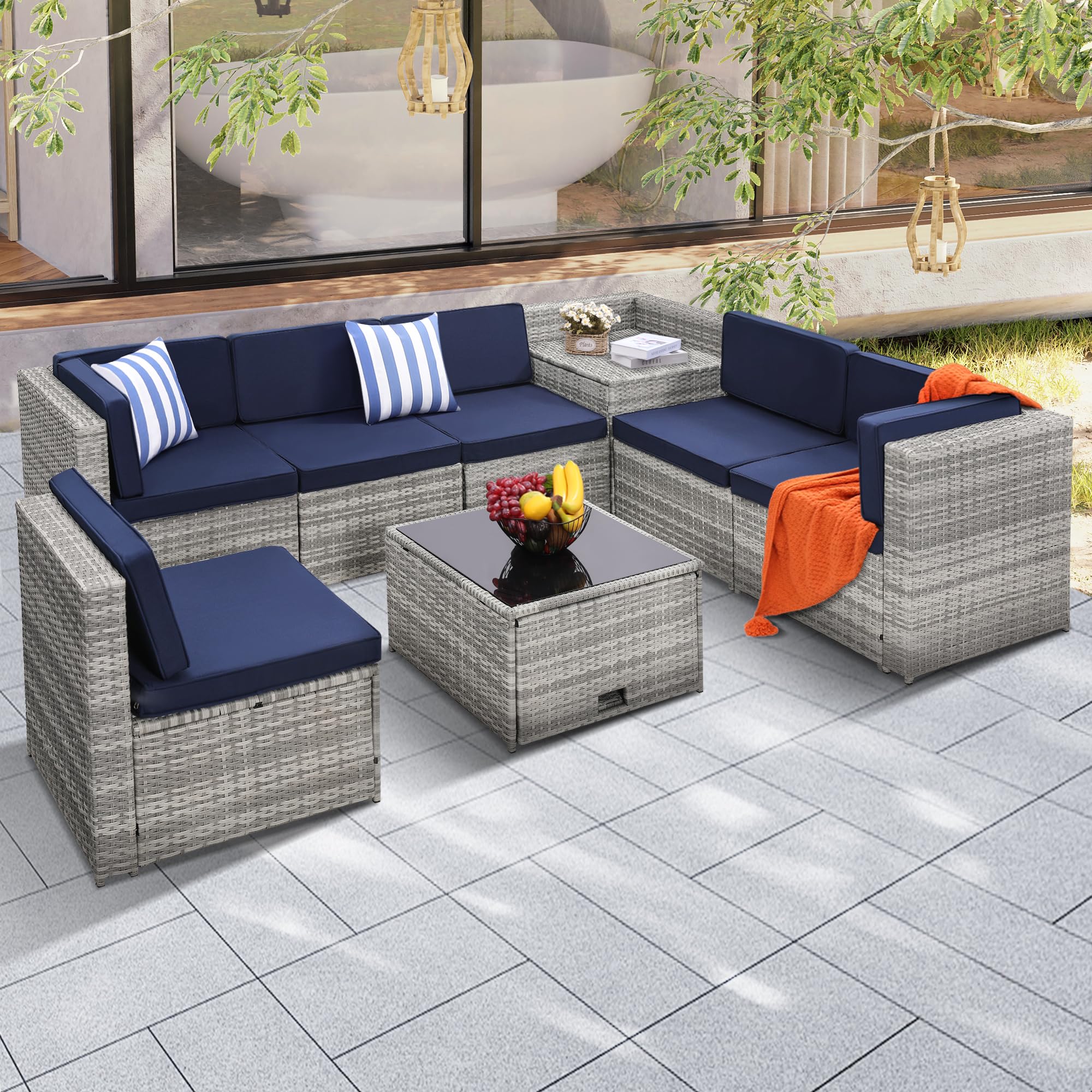 KROFEM 4-Piece Patio Furniture Set, Wicker Outdoor Rattan Sectional Sofa with Cushions and Glass Table, All-Weather Outdoor Conversation Set, Ideal for Garden, Porch, Backyard, Black