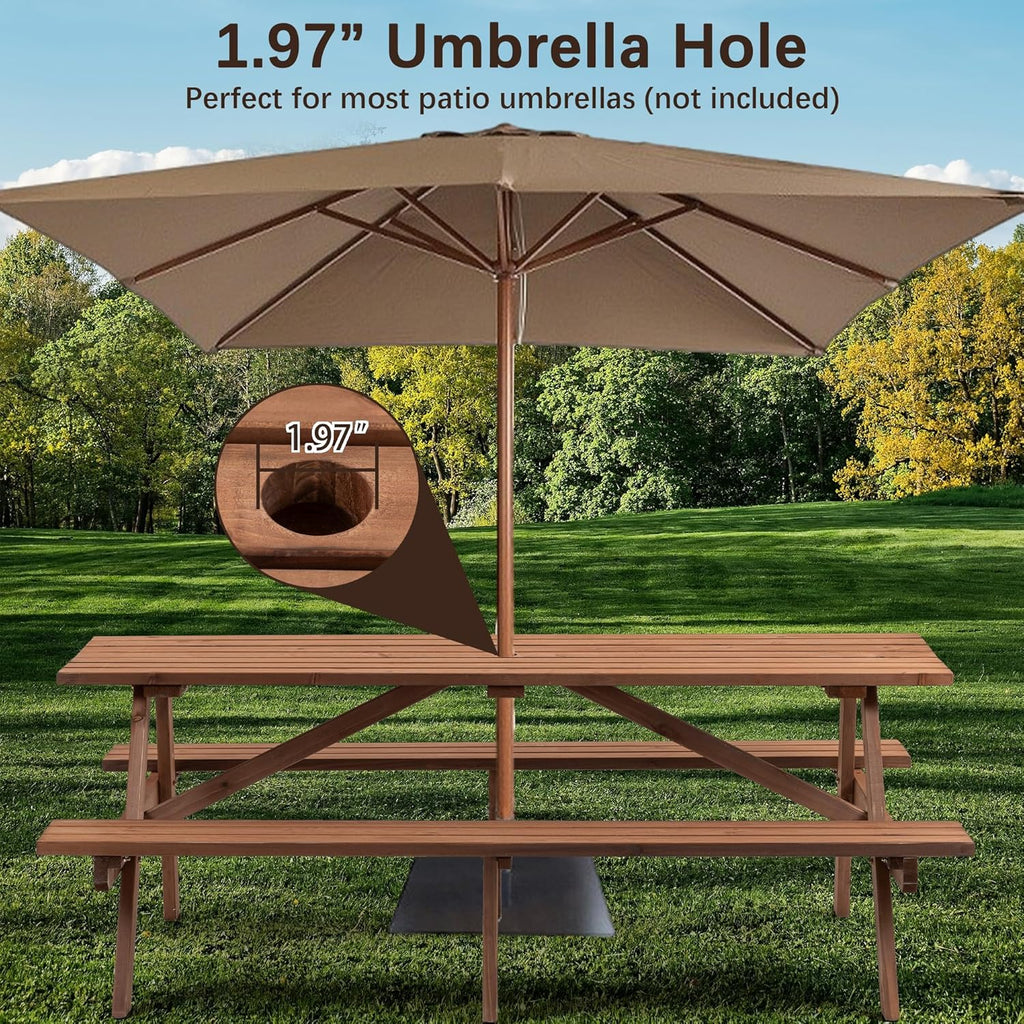 Hohuqeri Wood Picnic Table, 75" Tabletop with Umbrella Hole, 8 Person Outdoor Wooden Picnic Table Bench Set for Patio, BBQ, Dining, Brown