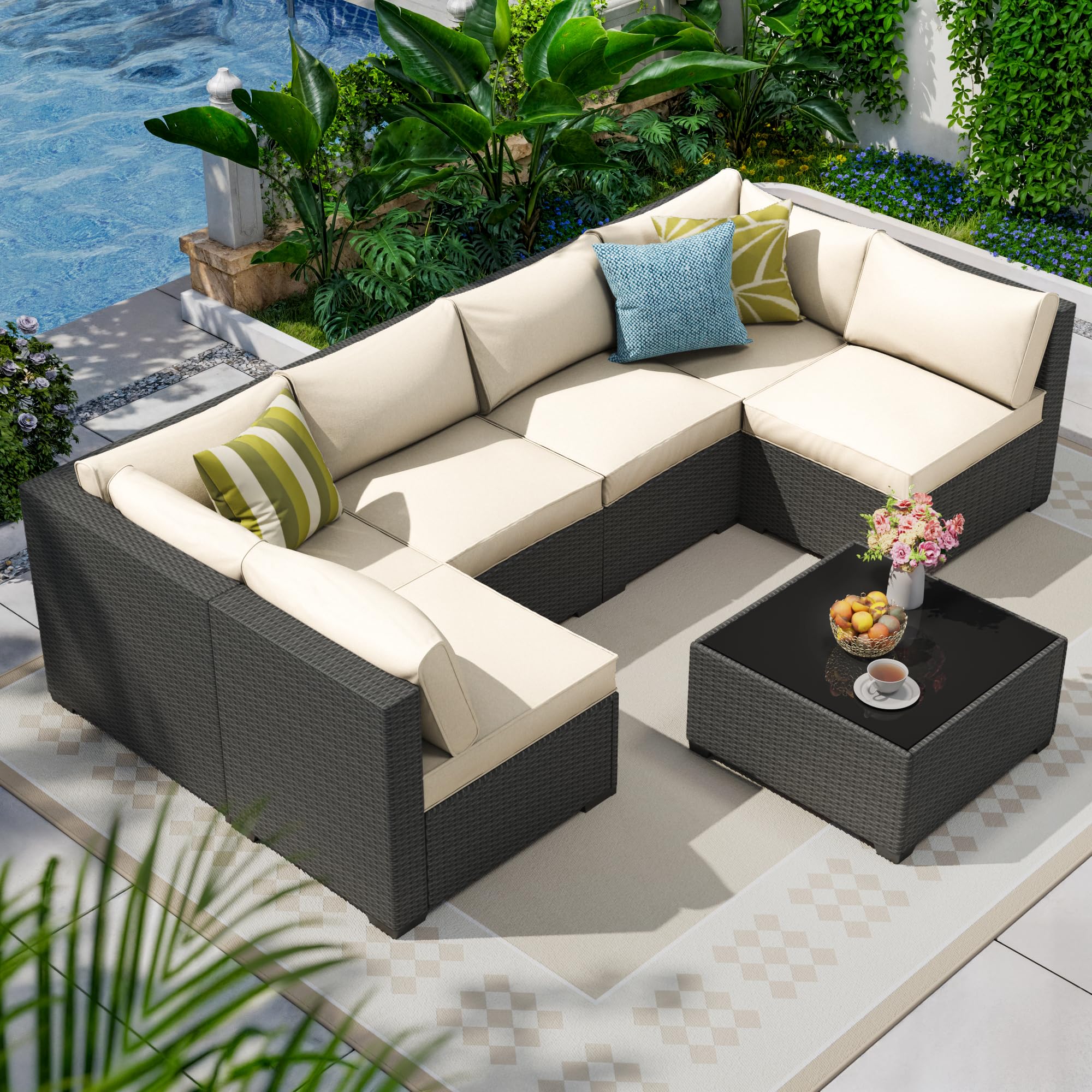 7 Piece Outdoor Patio Furniture Set, Outdoor Sectional Furniture, Rattan & Wicker Modern Modular Conversation Set Sectional Sofa W/Water Resistant Washable Thick Cushions and Coffee Table, Brown/Beige