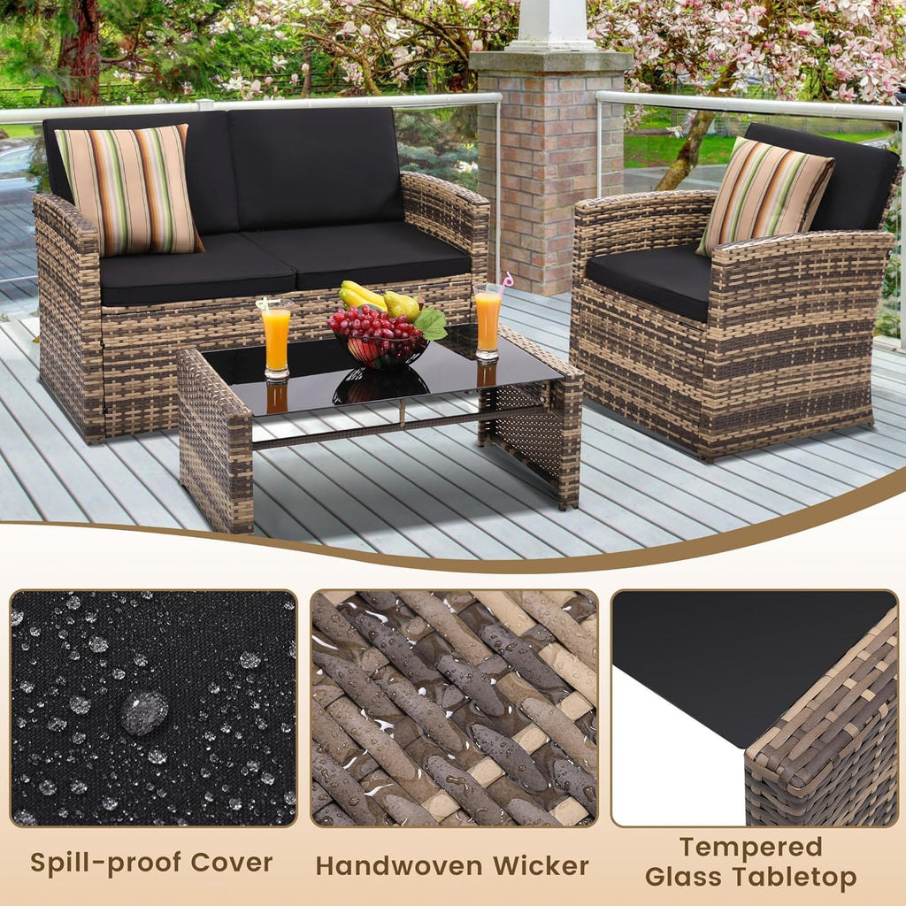KROFEM 4-Piece Patio Furniture Set, Wicker Outdoor Rattan Sectional Sofa with Cushions and Glass Table, All-Weather Outdoor Conversation Set, Ideal for Garden, Porch, Backyard, Black