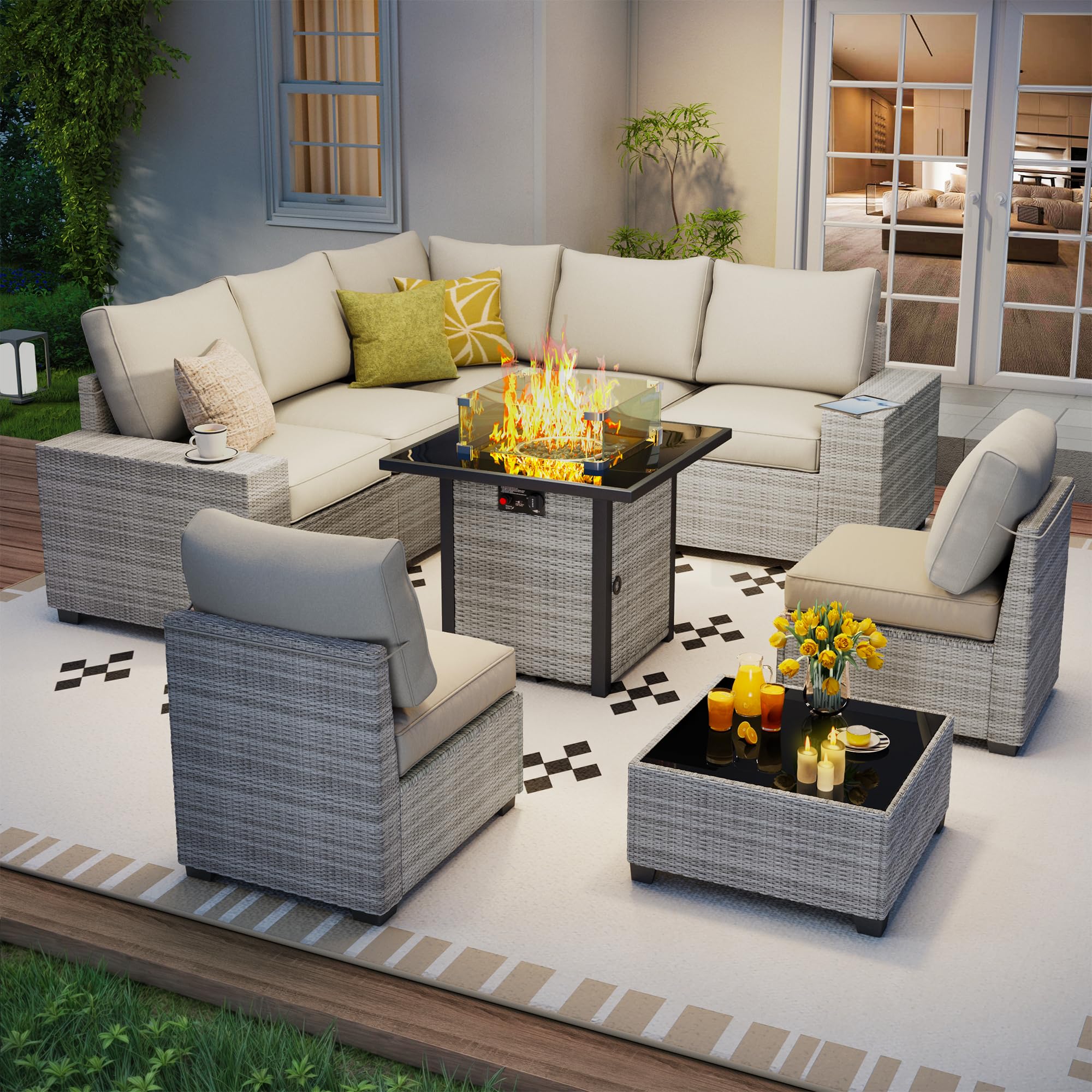7 Piece Outdoor Patio Furniture Set, Outdoor Sectional Furniture, Rattan & Wicker Modern Modular Conversation Set Sectional Sofa W/Water Resistant Washable Thick Cushions and Coffee Table, Brown/Beige