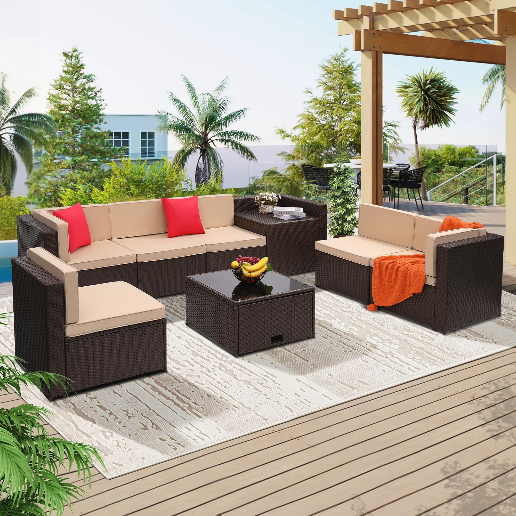 KROFEM 4-Piece Patio Furniture Set, Wicker Outdoor Rattan Sectional Sofa with Cushions and Glass Table, All-Weather Outdoor Conversation Set, Ideal for Garden, Porch, Backyard, Black