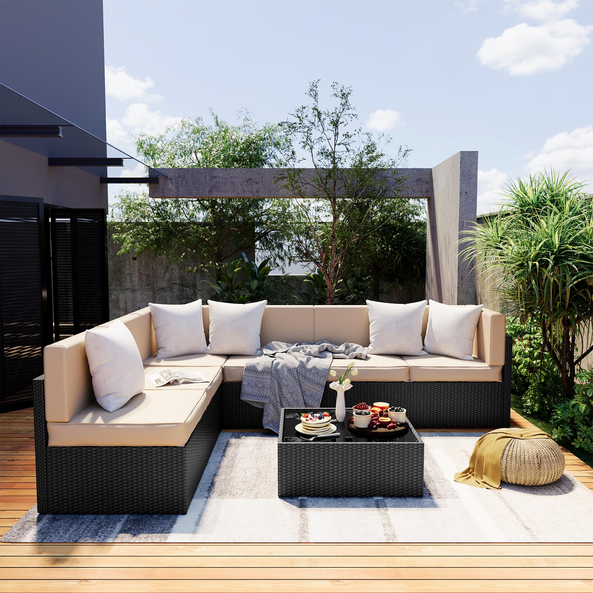 Pamapic 7-Piece Outdoor Sectional Furniture Set, All-Weather Wicker Patio Sofa with Washable Cushions, Gray Waterproof Rattan Conversation Set for Backyard, Poolside, Garden (Gray Cushions)