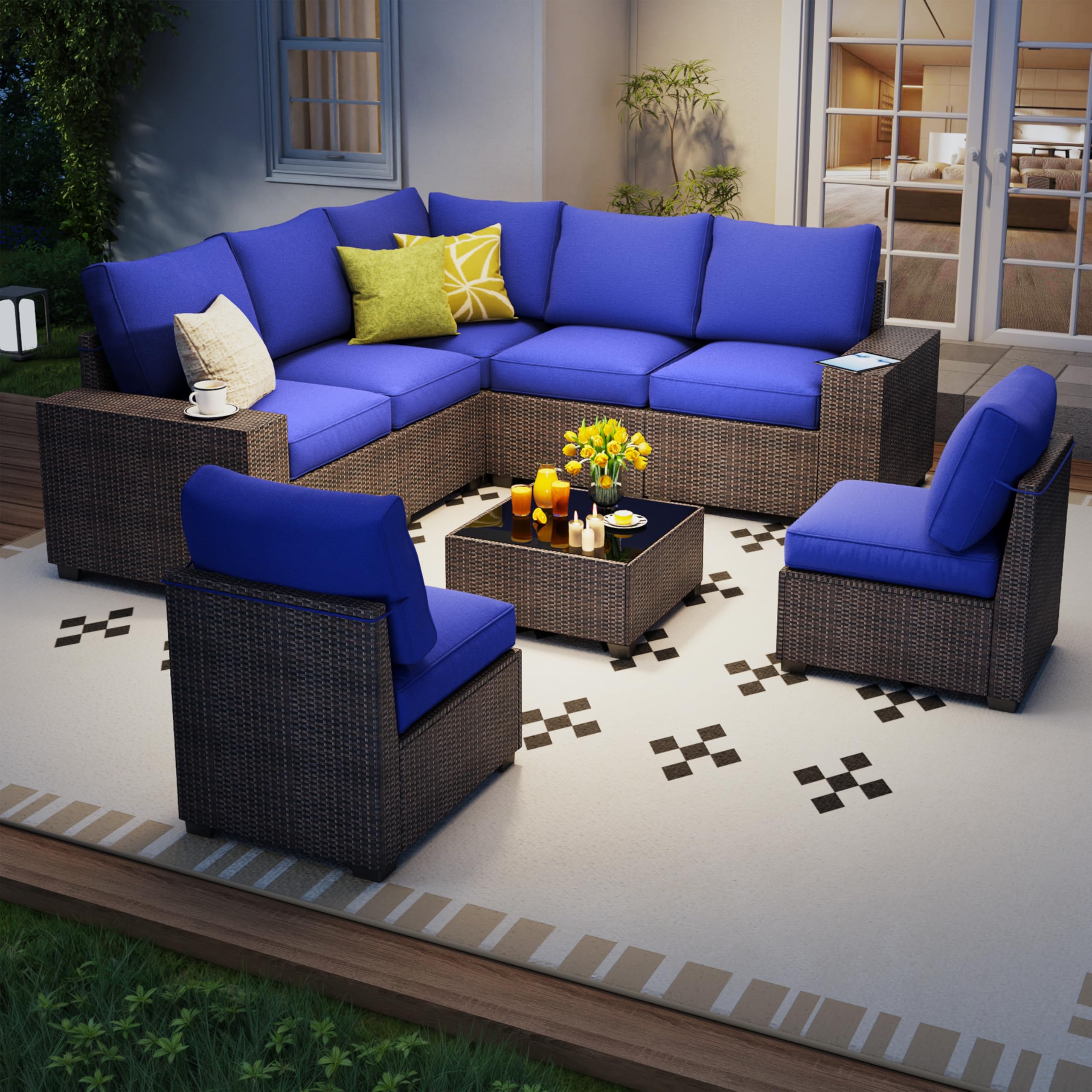 7 Piece Outdoor Patio Furniture Set, Outdoor Sectional Furniture, Rattan & Wicker Modern Modular Conversation Set Sectional Sofa W/Water Resistant Washable Thick Cushions and Coffee Table, Brown/Beige