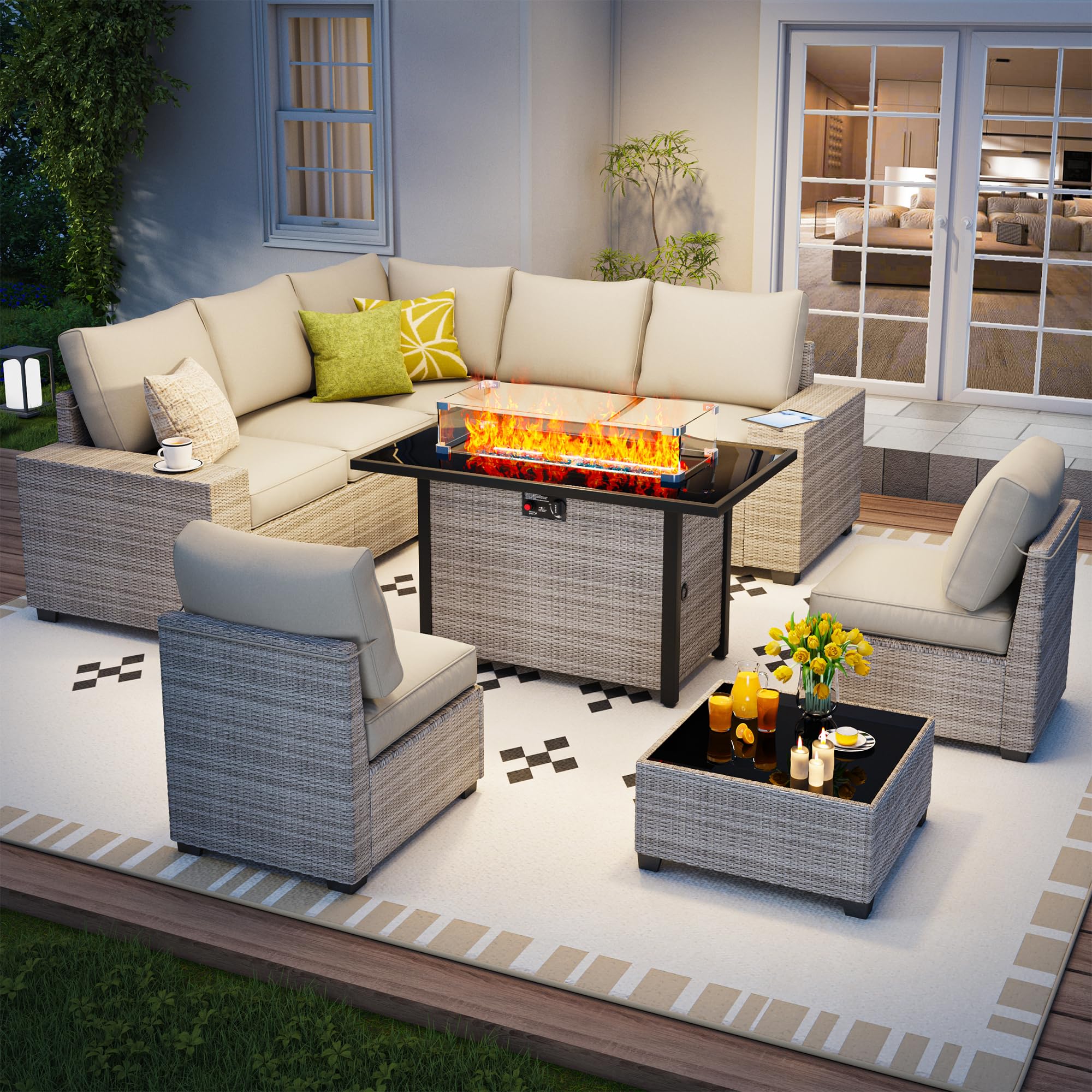 7 Piece Outdoor Patio Furniture Set, Outdoor Sectional Furniture, Rattan & Wicker Modern Modular Conversation Set Sectional Sofa W/Water Resistant Washable Thick Cushions and Coffee Table, Brown/Beige