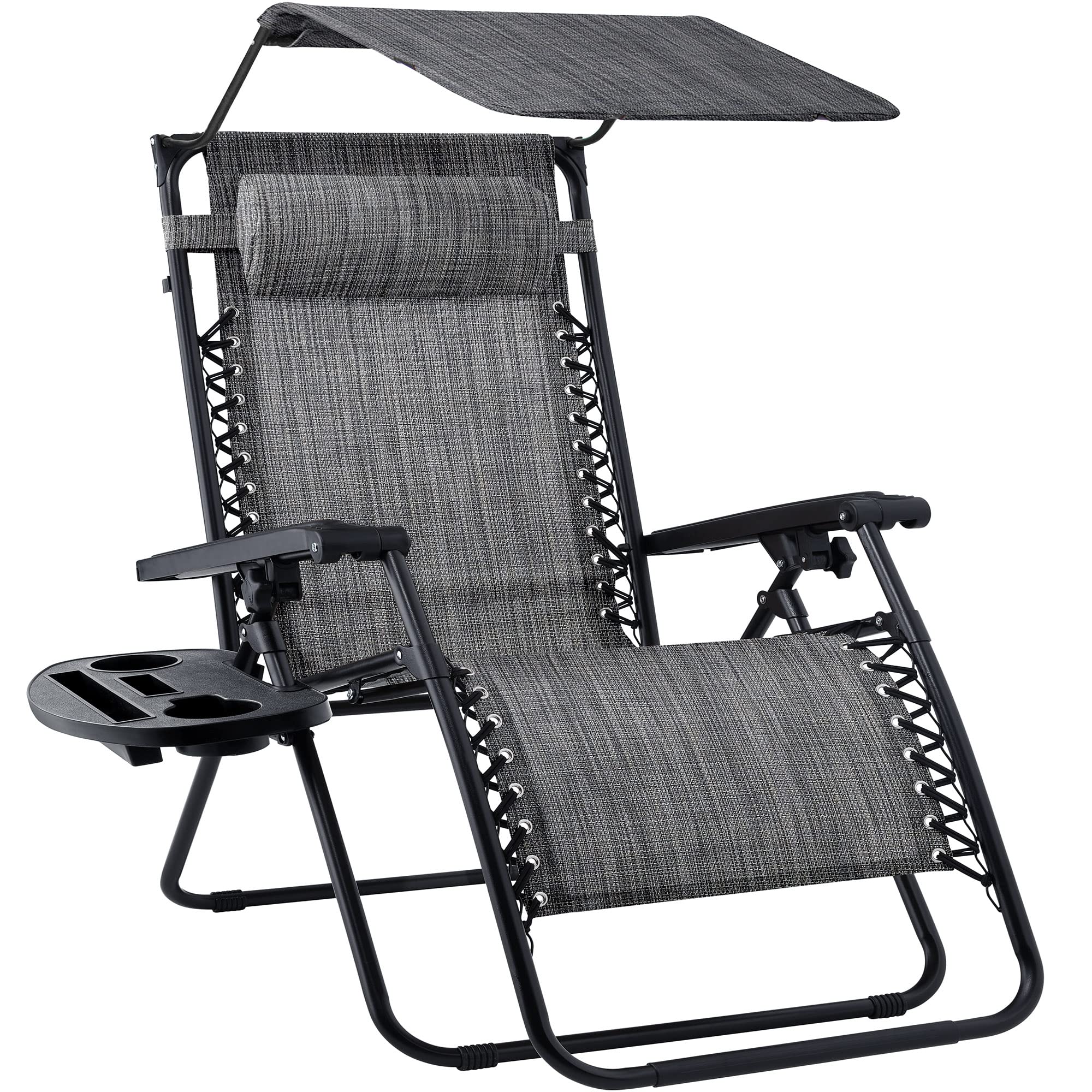 Best Choice Products Folding Zero Gravity Outdoor Recliner Patio Lounge Chair w/Adjustable Canopy Shade, Headrest, Side Accessory Tray, Textilene Mesh - Beige