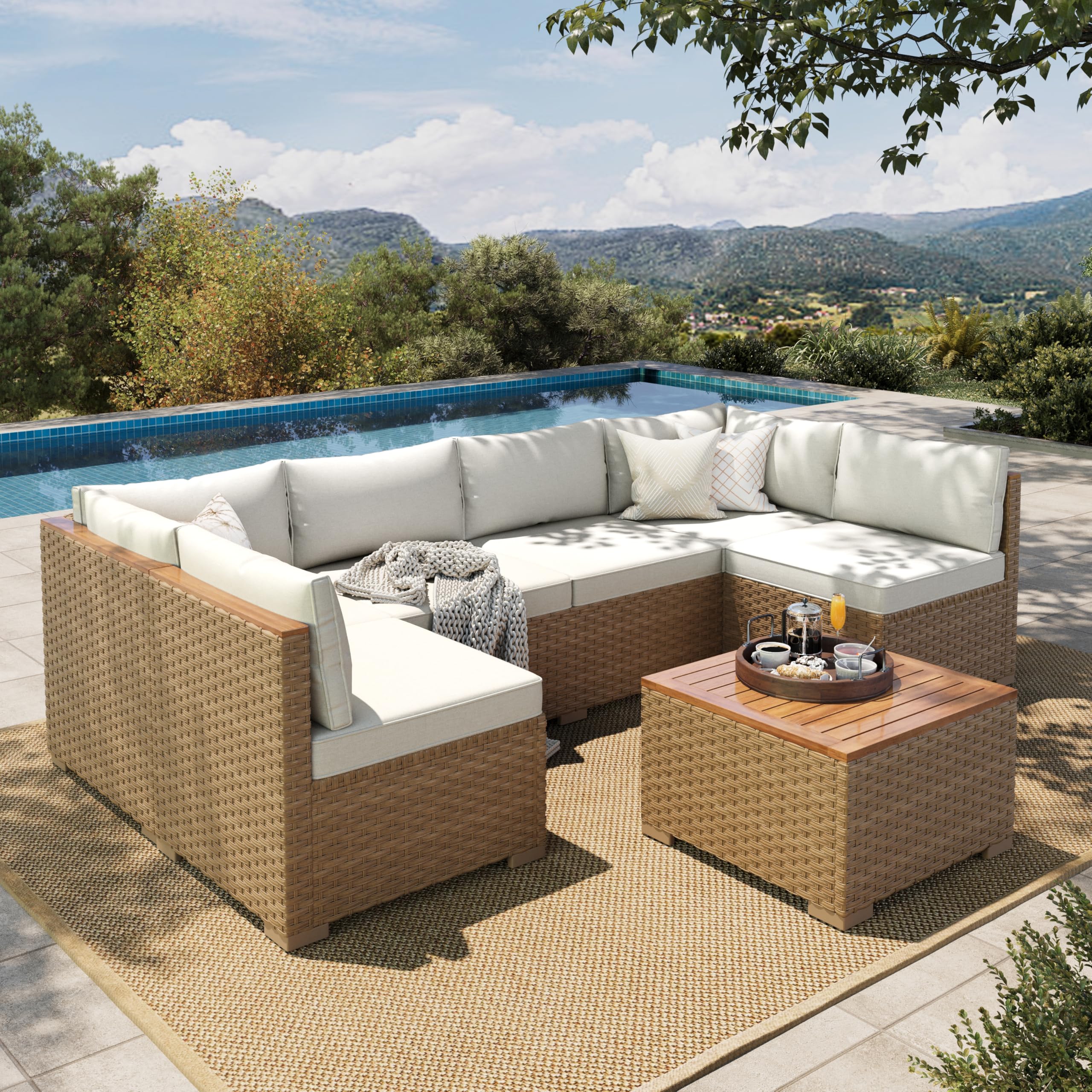 HERA'S HOUSE Small Patio Furniture Set, 3 Pieces Wicker Outdoor Sectional Sets,Yellow Rattan Conversation Set with Sofa and Coffee Table for Garden and Backyard, l Shape Boho Balcony Couch Sets
