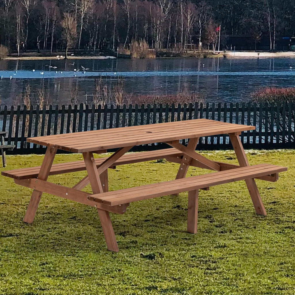 Hohuqeri Wood Picnic Table, 75" Tabletop with Umbrella Hole, 8 Person Outdoor Wooden Picnic Table Bench Set for Patio, BBQ, Dining, Brown