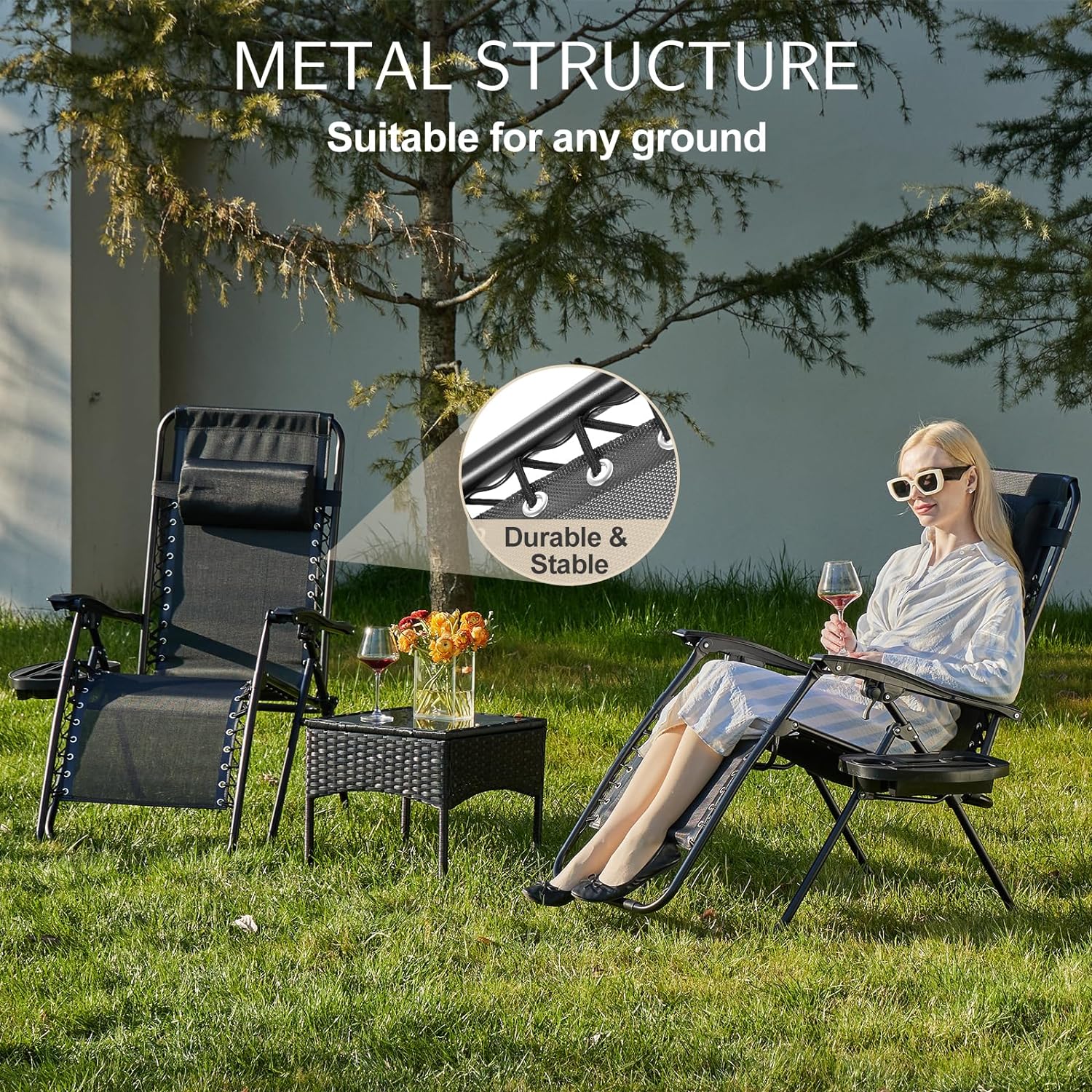 Sweetcrispy Zero Gravity Chairs, Set of 2 Portable Recliner Beach Camping Patio Outdoor Folding Lounge Chair with Cup Holder Trays and Adjustable Pillow for Poolside, Garden, Backyard, Lawn (Black)
