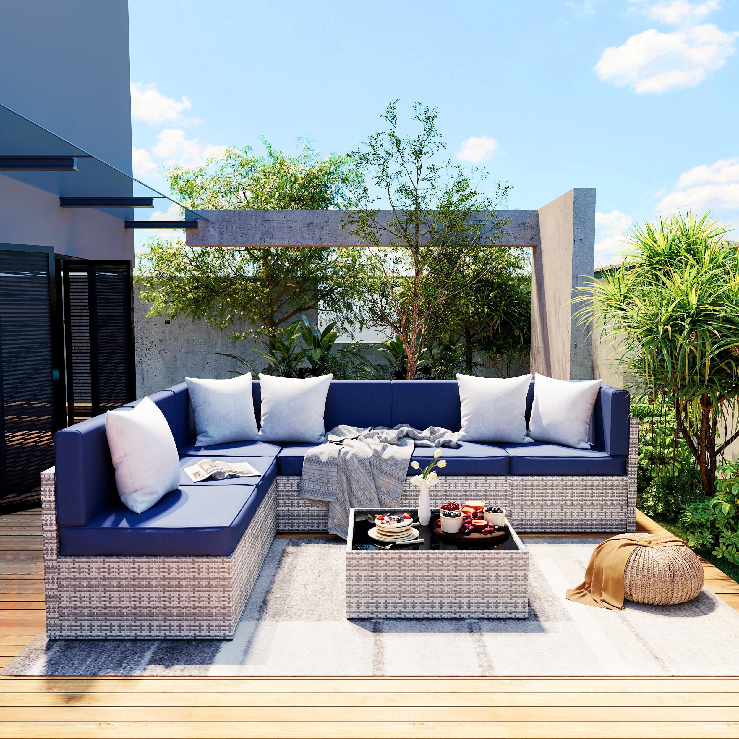 Pamapic 7-Piece Outdoor Sectional Furniture Set, All-Weather Wicker Patio Sofa with Washable Cushions, Gray Waterproof Rattan Conversation Set for Backyard, Poolside, Garden (Gray Cushions)