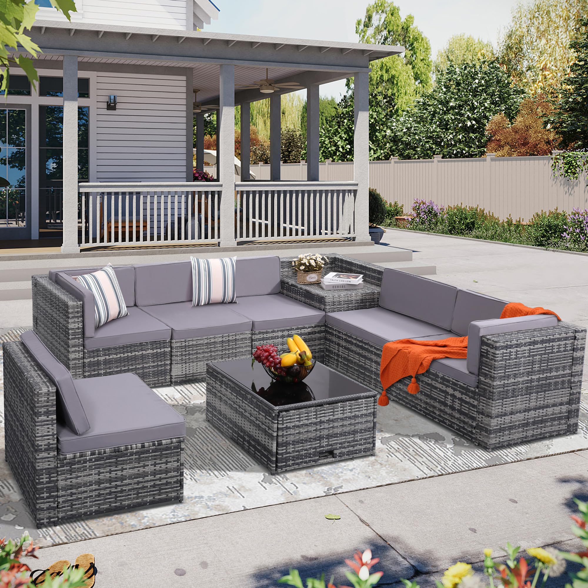 KROFEM 4-Piece Patio Furniture Set, Wicker Outdoor Rattan Sectional Sofa with Cushions and Glass Table, All-Weather Outdoor Conversation Set, Ideal for Garden, Porch, Backyard, Black