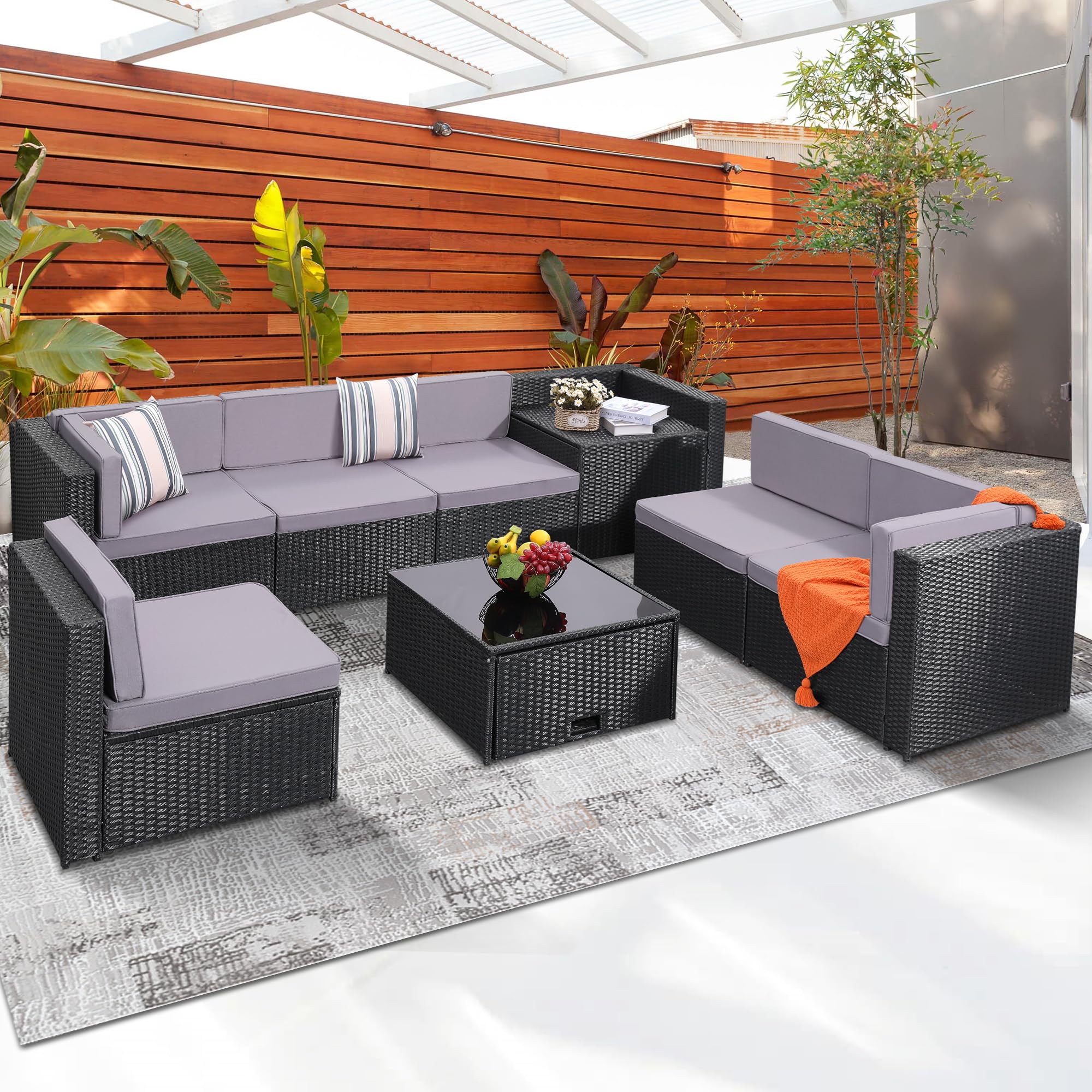 KROFEM 4-Piece Patio Furniture Set, Wicker Outdoor Rattan Sectional Sofa with Cushions and Glass Table, All-Weather Outdoor Conversation Set, Ideal for Garden, Porch, Backyard, Black
