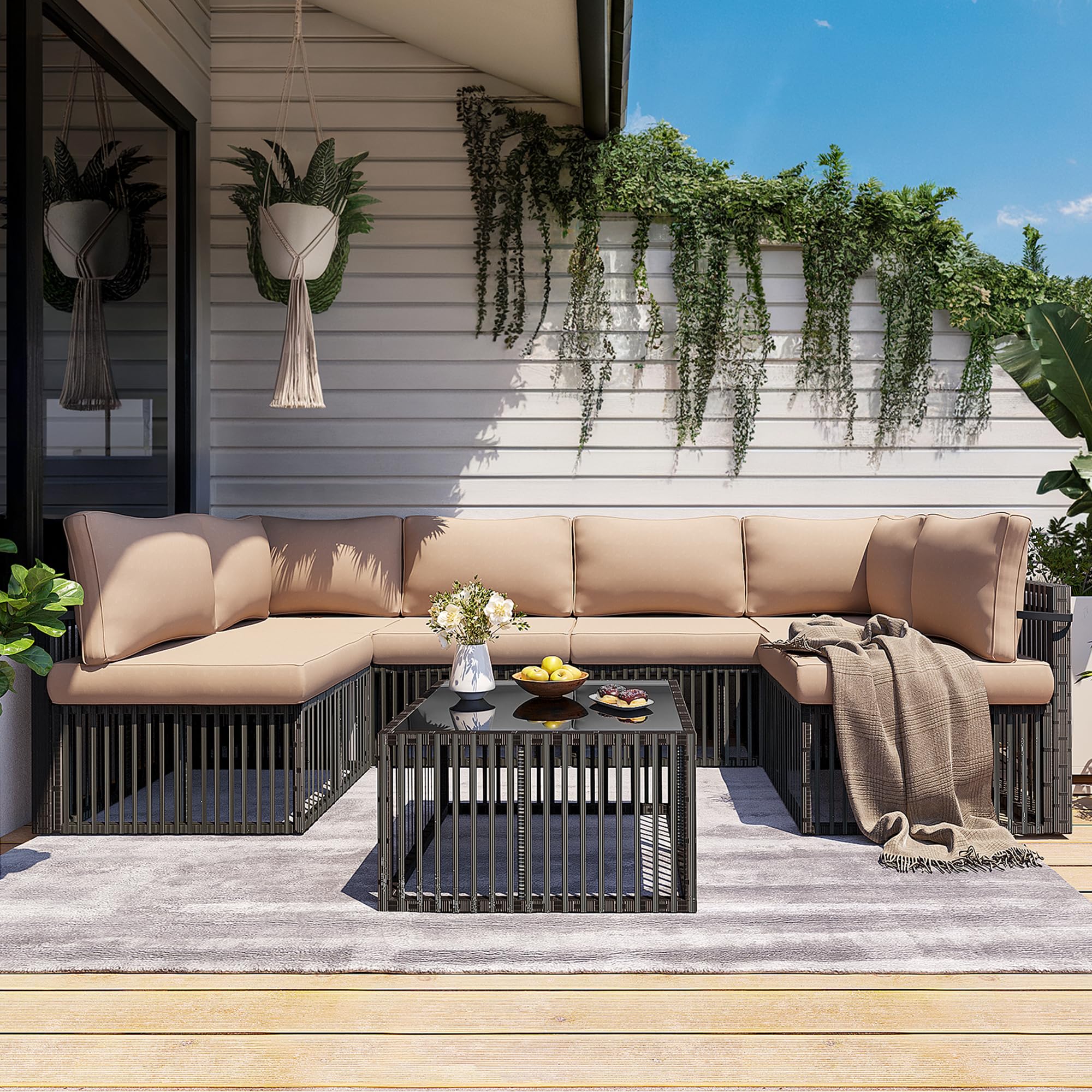 Pamapic 7-Piece Outdoor Sectional Furniture Set, All-Weather Wicker Patio Sofa with Washable Cushions, Gray Waterproof Rattan Conversation Set for Backyard, Poolside, Garden (Gray Cushions)