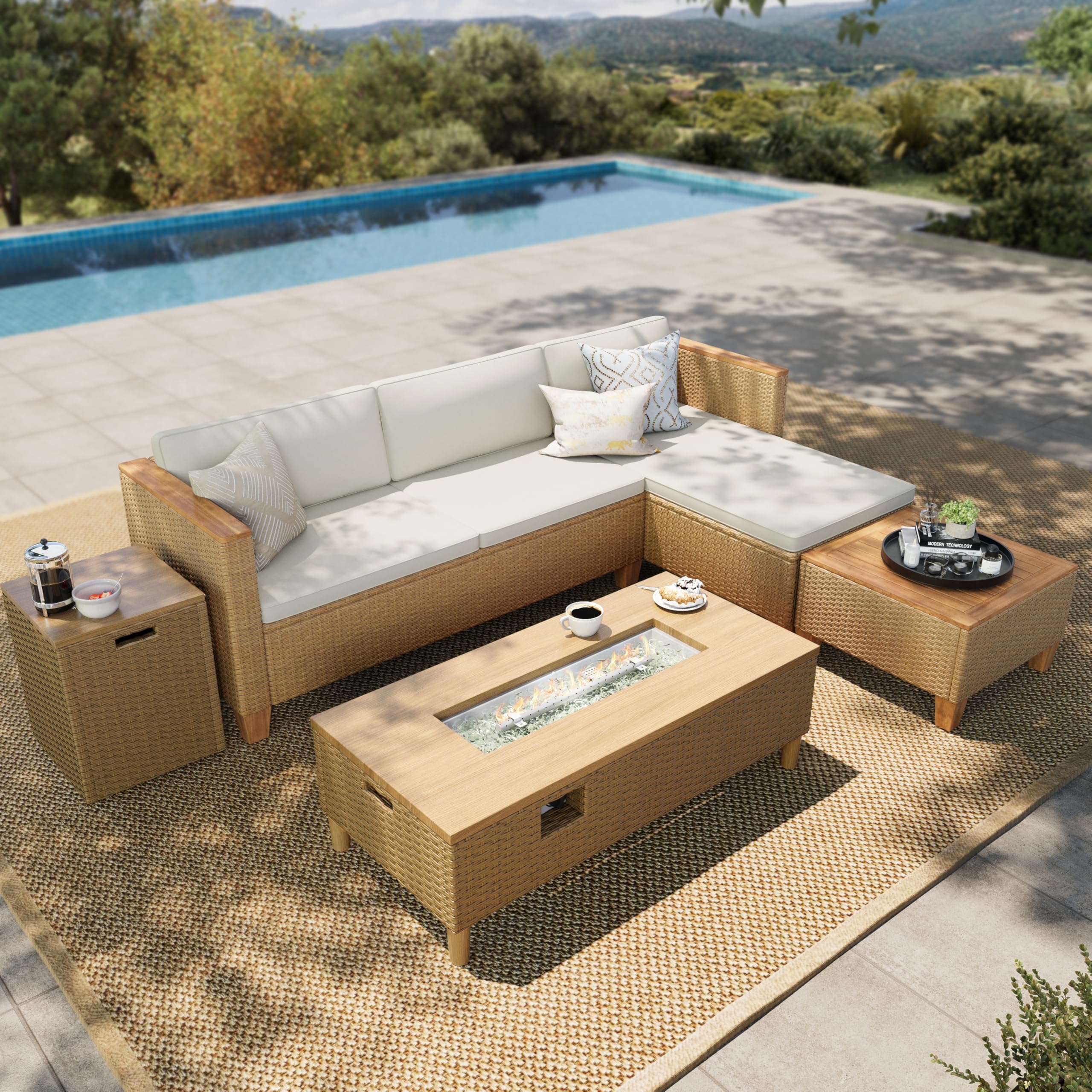 HERA'S HOUSE Small Patio Furniture Set, 3 Pieces Wicker Outdoor Sectional Sets,Yellow Rattan Conversation Set with Sofa and Coffee Table for Garden and Backyard, l Shape Boho Balcony Couch Sets