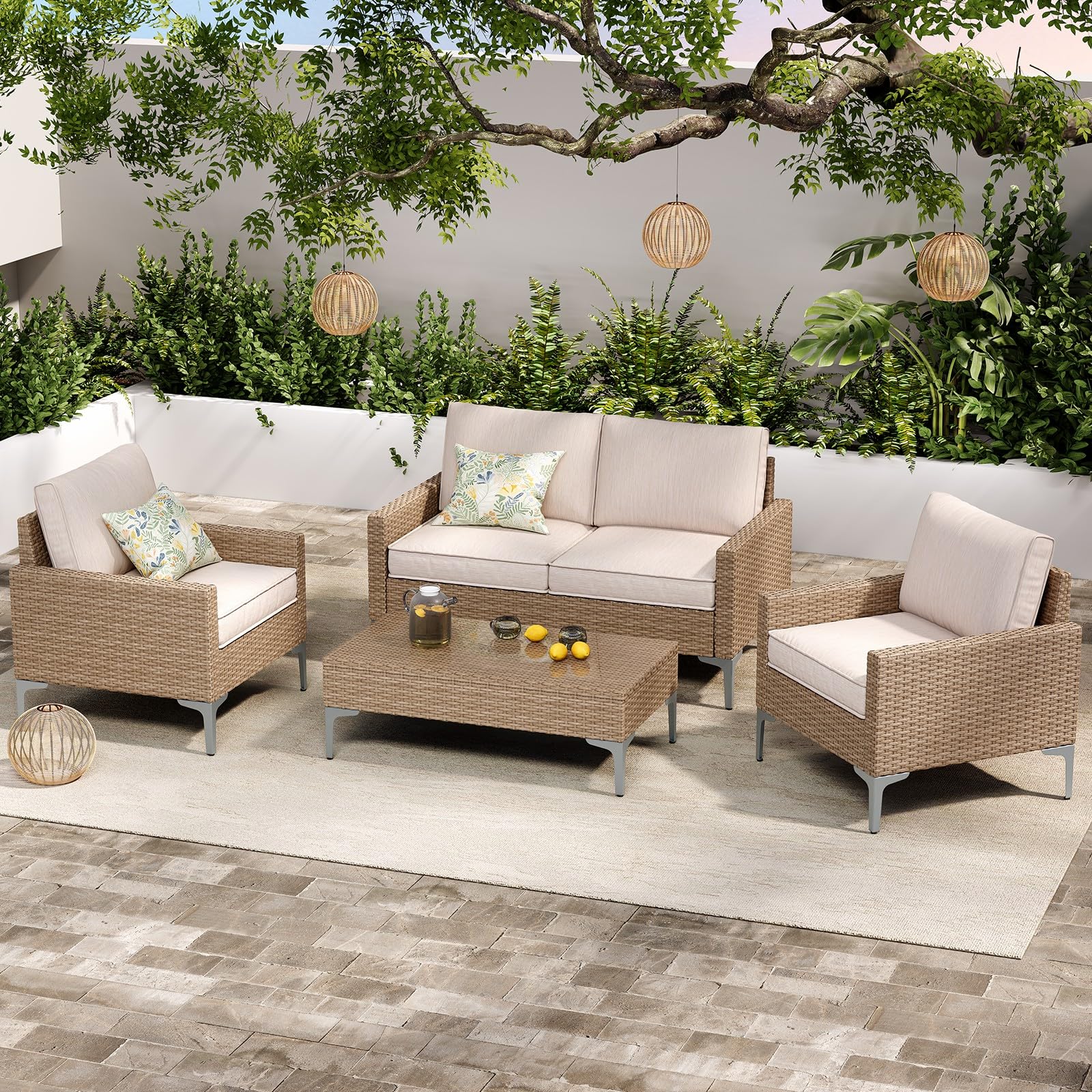 5-Piece Patio Furniture Set, Outdoor Wicker Sectional Sofa with Coffee Table, Anti-Slip & Thick All-Weather Cushions for Party, Garden, Backyard, Beige