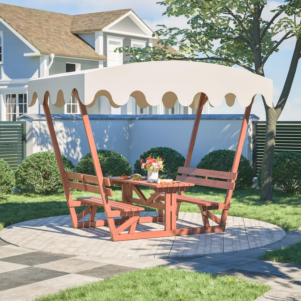 Hohuqeri Wood Picnic Table, 75" Tabletop with Umbrella Hole, 8 Person Outdoor Wooden Picnic Table Bench Set for Patio, BBQ, Dining, Brown