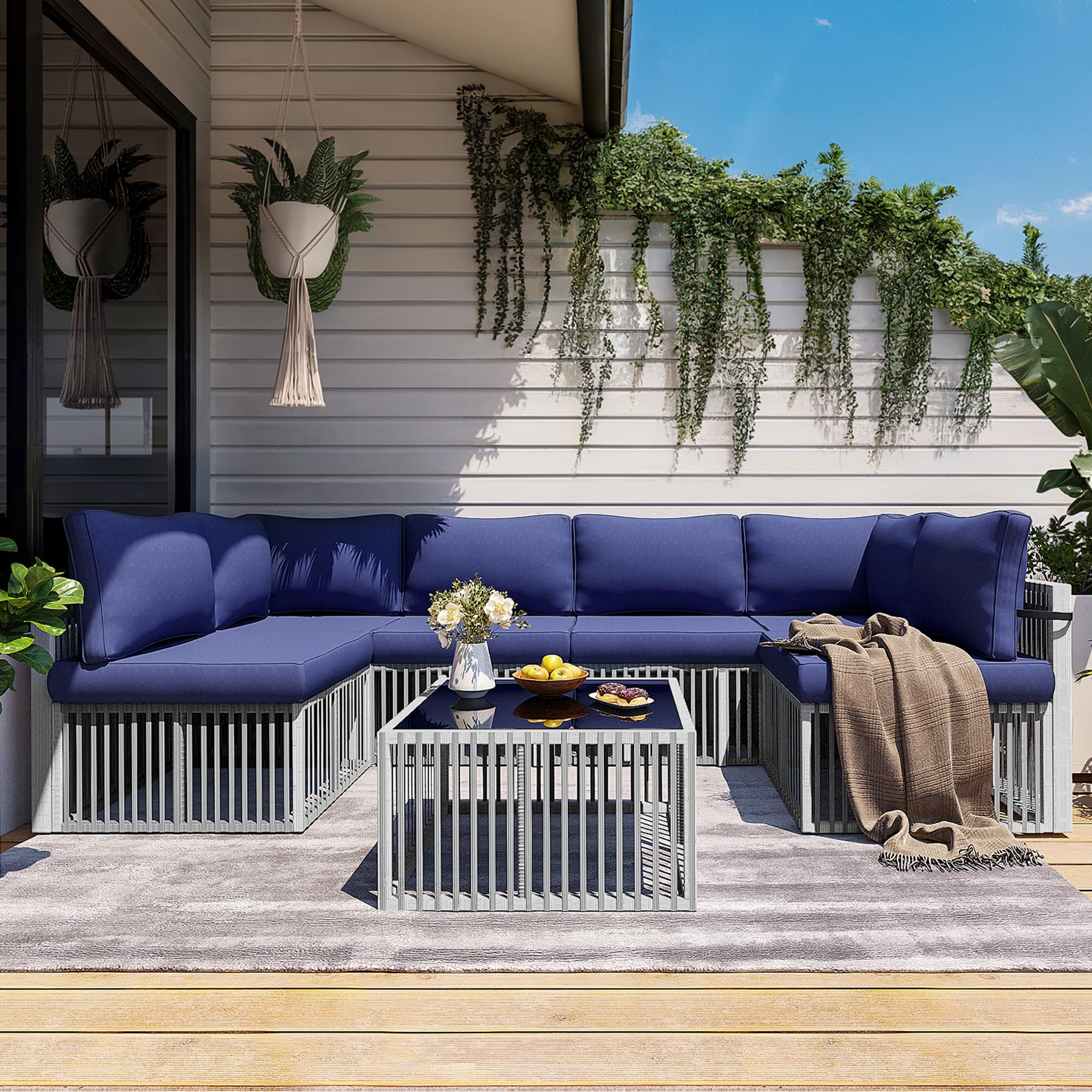 Pamapic 7-Piece Outdoor Sectional Furniture Set, All-Weather Wicker Patio Sofa with Washable Cushions, Gray Waterproof Rattan Conversation Set for Backyard, Poolside, Garden (Gray Cushions)